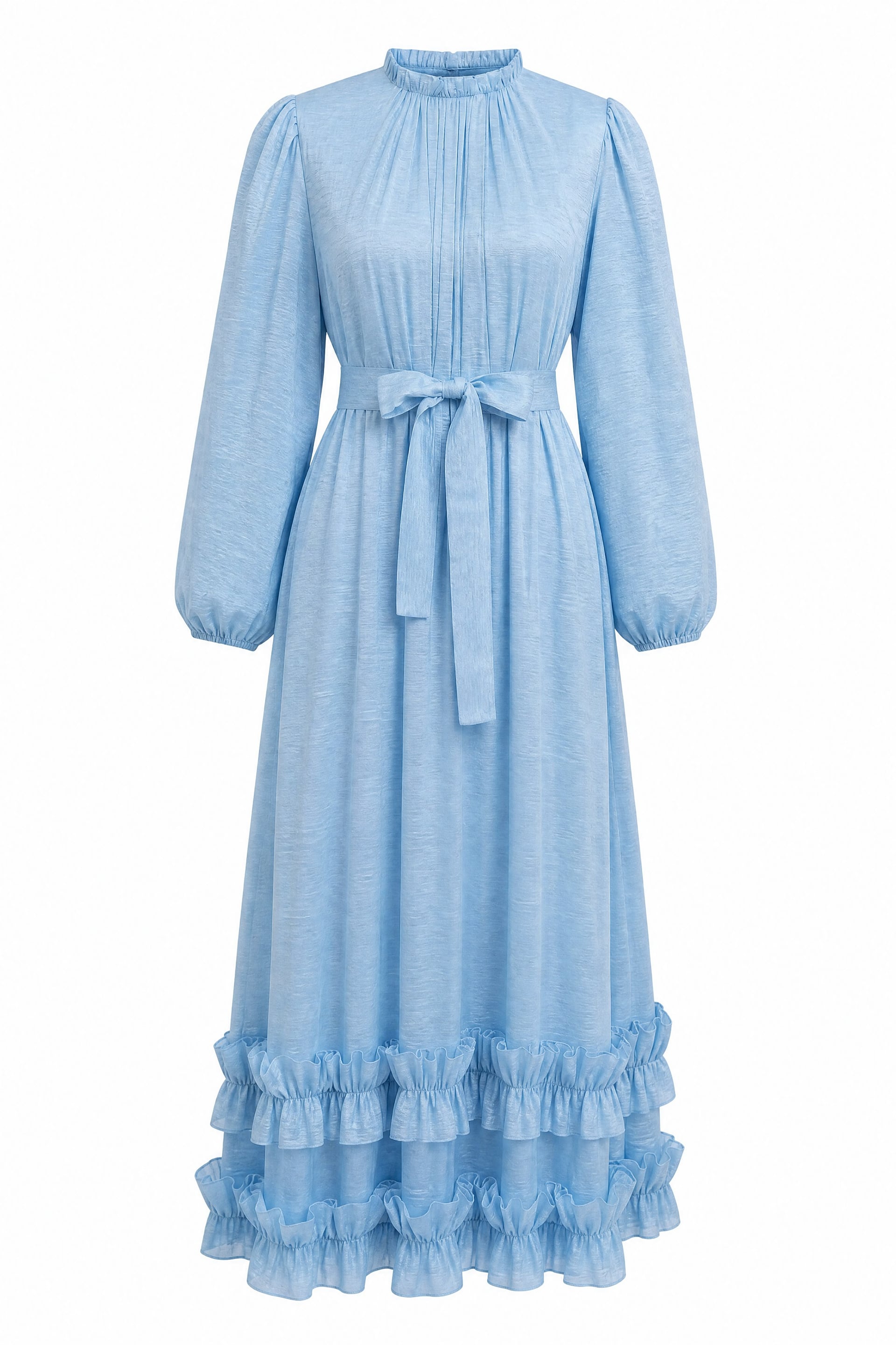 Crinkle Crepe Long Dress with Ruffled Collar and Hem - Baby Blue - Podyumplus - by Peralane - photo 5