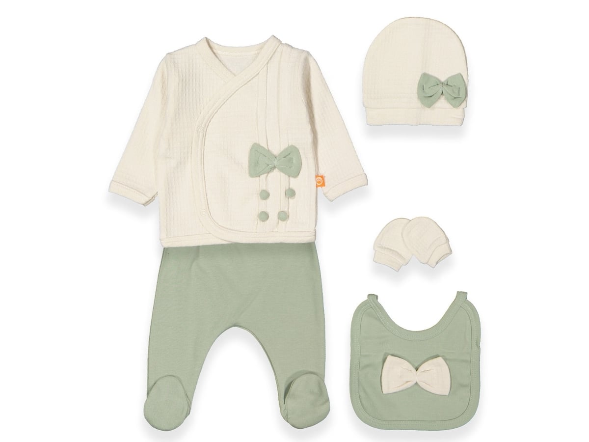 Bow Detail Baby Girl 5-Piece Bodysuit Set - Sage Green - Beyaz Bebek - by Peralane