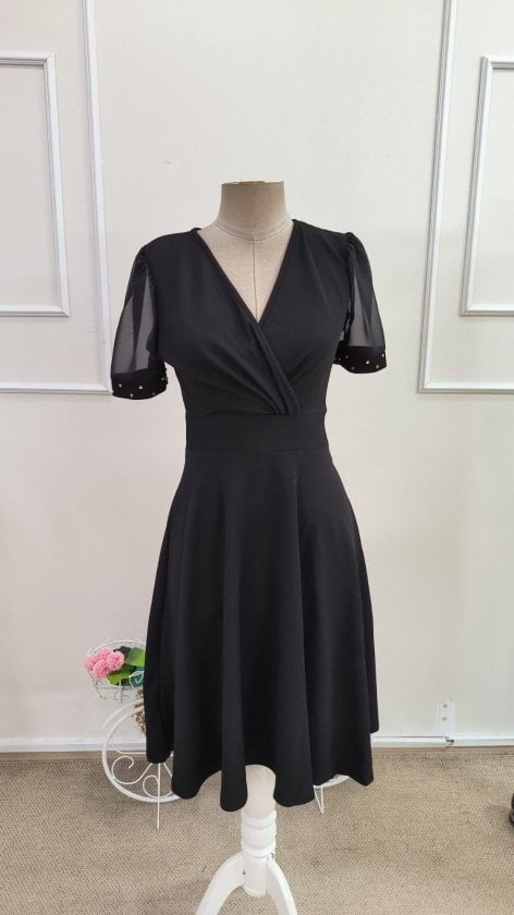 Women's Short-Sleeve V-Neck Wrap Dress with Tulle Beaded Sleeves - Janes - by Peralane - photo 4