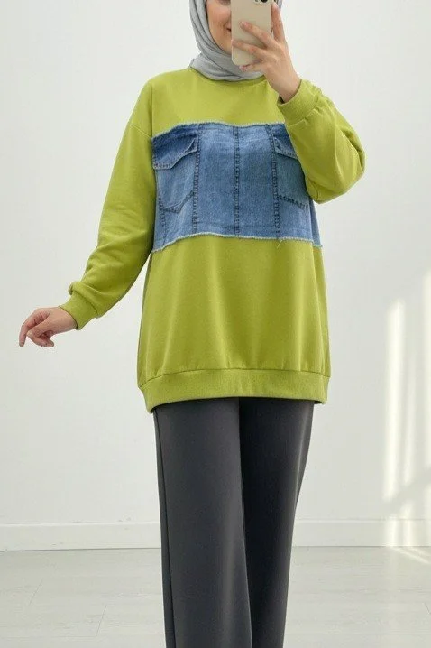 Round Neck Sweatshirt with Denim Chest Pockets - Lime Green - Podyumplus - by Peralane