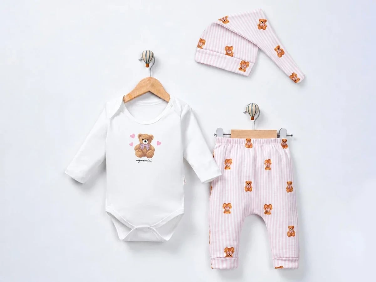 Teddy Bear Print Baby Girl Sleepwear Set in Pink - Supermini - by Peralane