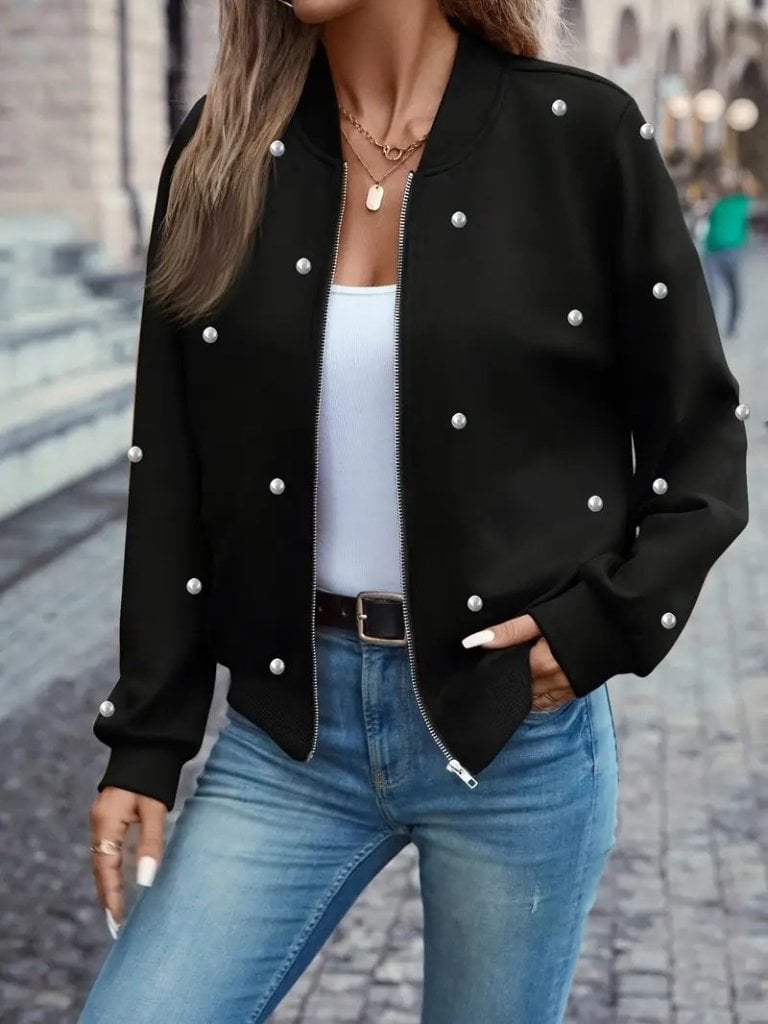 Women's Black Pearl Embellished Zip-Front Bomber Jacket - Janes - by Peralane - photo 3
