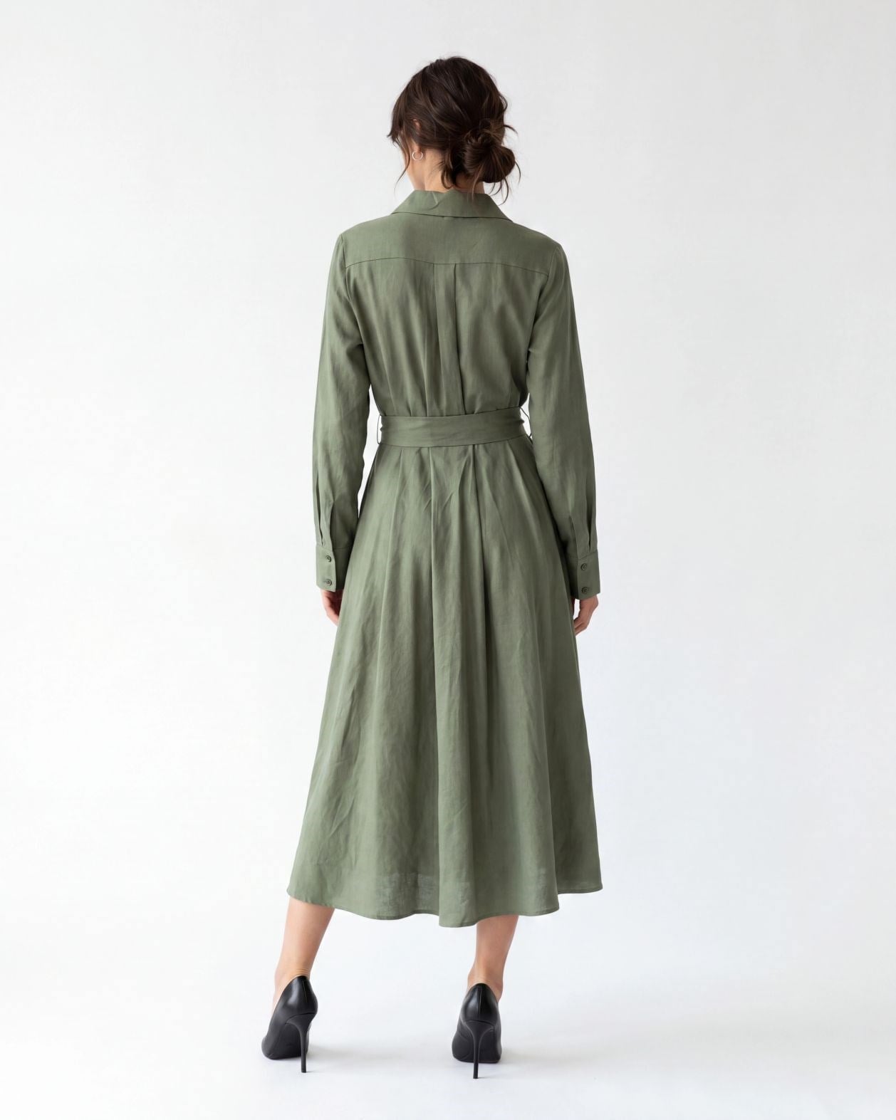 Olive Green Linen Blend Collared Button-Front Dress - Fame - by Peralane - photo 2