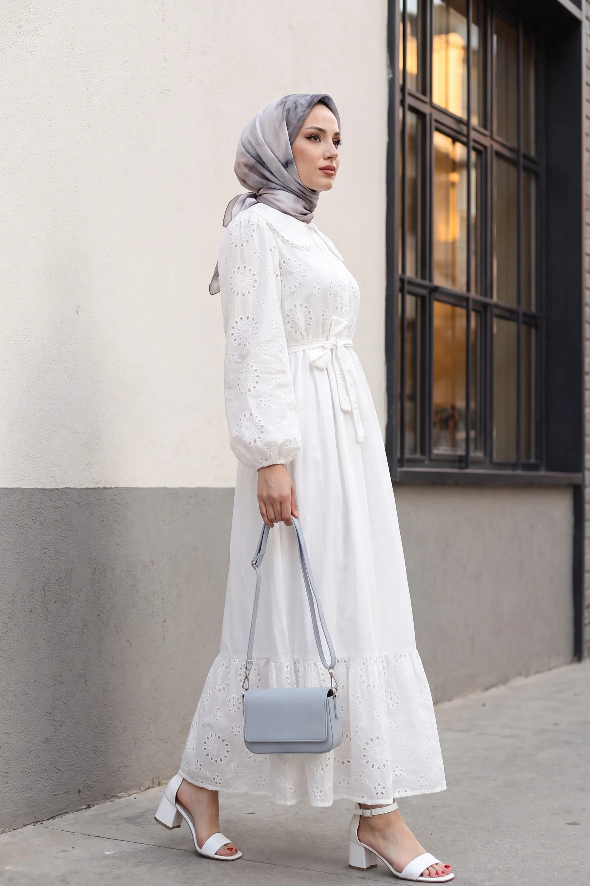 White Peter Pan Collar Eyelet Maxi Dress with Belt - Podyumplus - by Peralane - photo 2