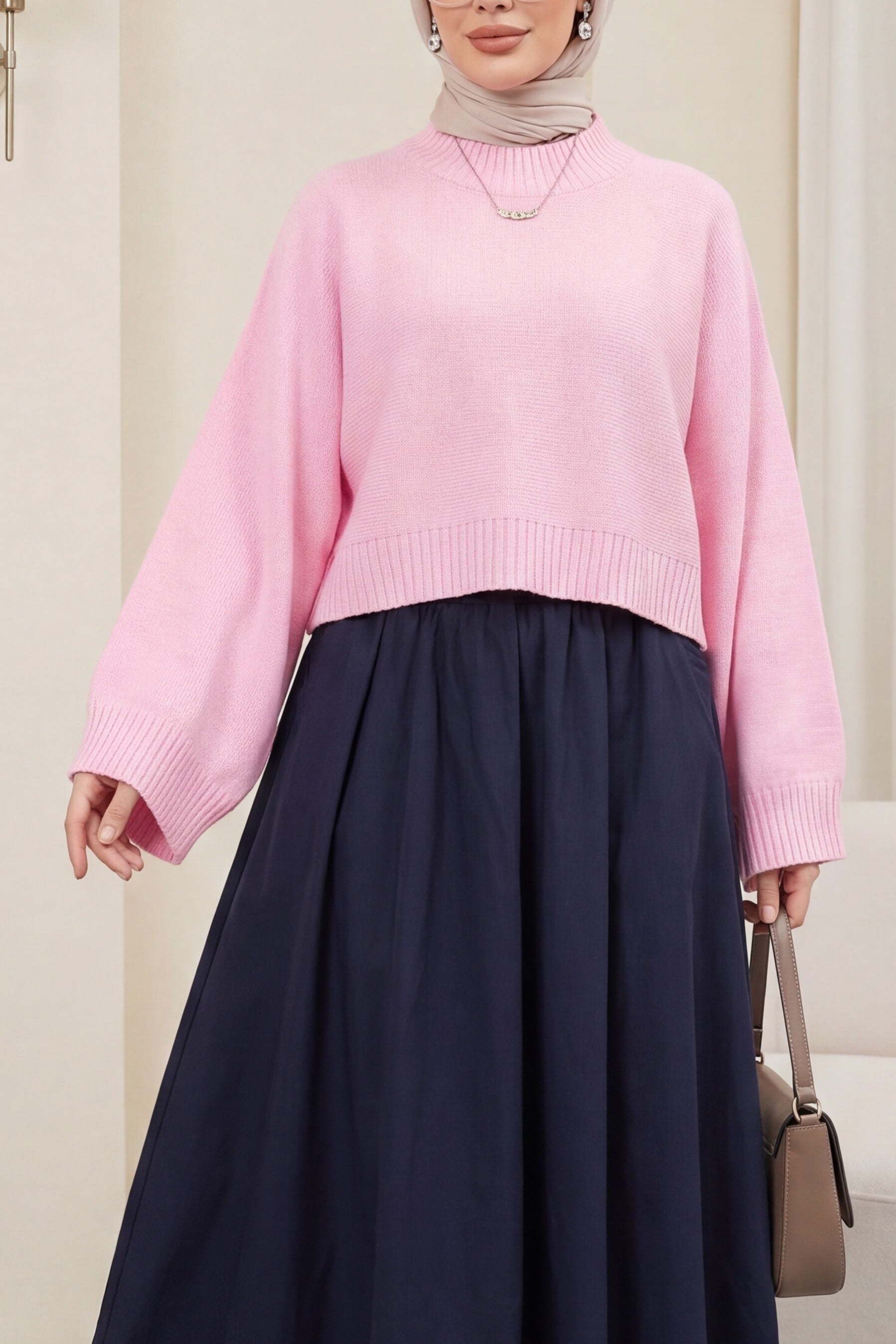 Half-High Neck Batwing Sleeve Tunic Sweater - Pink - Podyumplus - by Peralane - photo 3