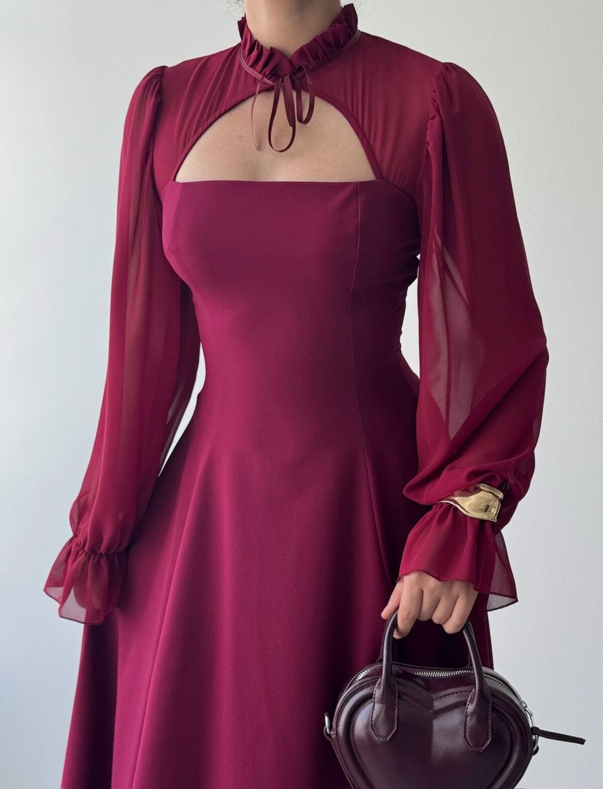 Women's Ruffled Sheer Overlay Midi Dress in Deep Red - Etika - by Peralane - photo 3