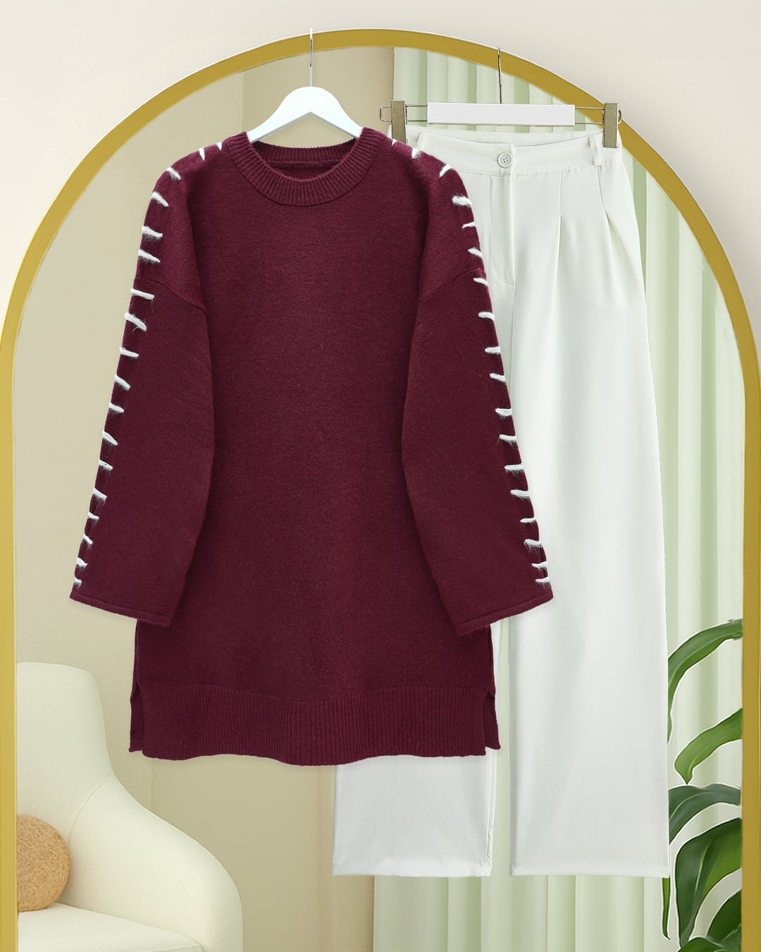 Striped Soft Knit Tunic with Thread Details - Burgundy - Podyumplus - by Peralane - photo 5