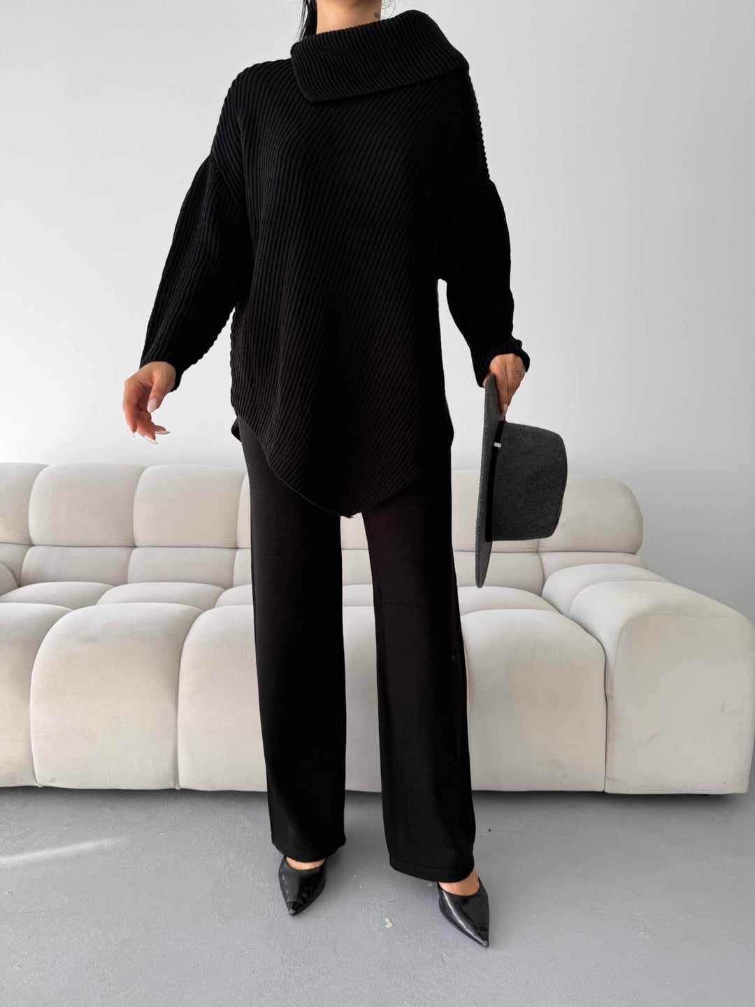 Black Ribbed Knit Sweater and Trousers Set - My Bee - by Peralane - photo 5