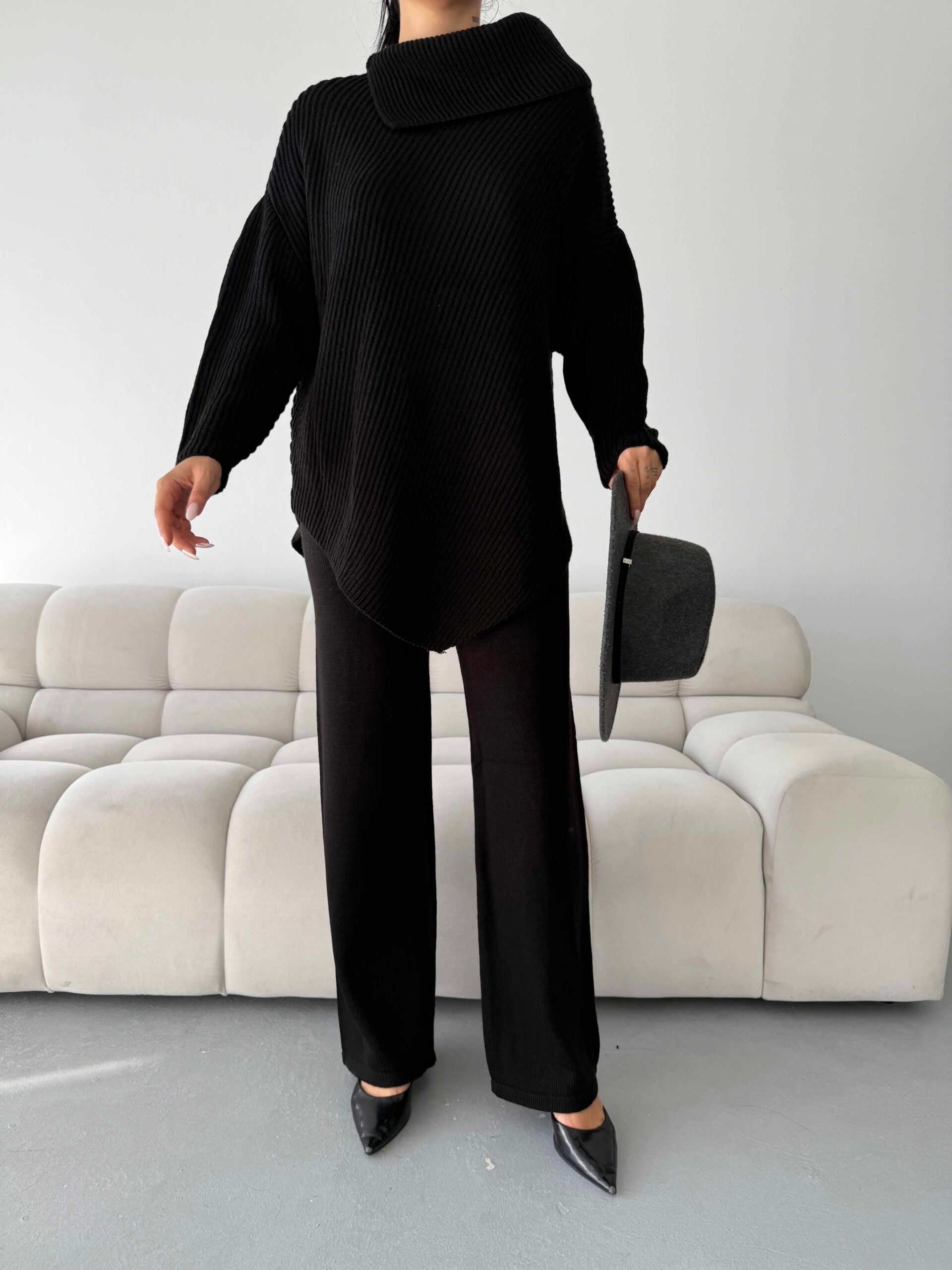 Black Ribbed Knit Sweater and Trousers Set - My Bee - by Peralane - photo 5