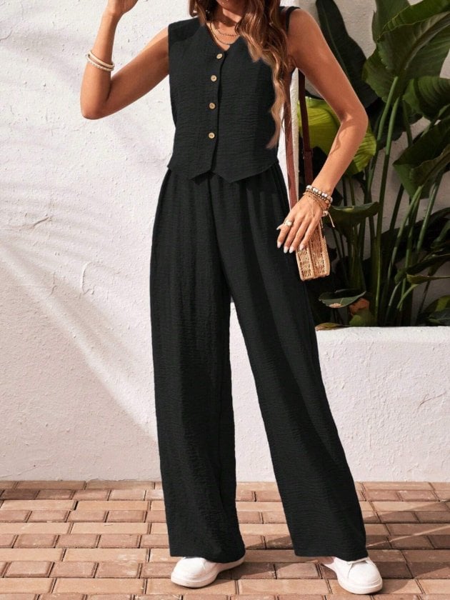 Women's Sleeveless V-Neck Blouse and Wide-Leg Trousers Two-Piece Set - Janes - by Peralane