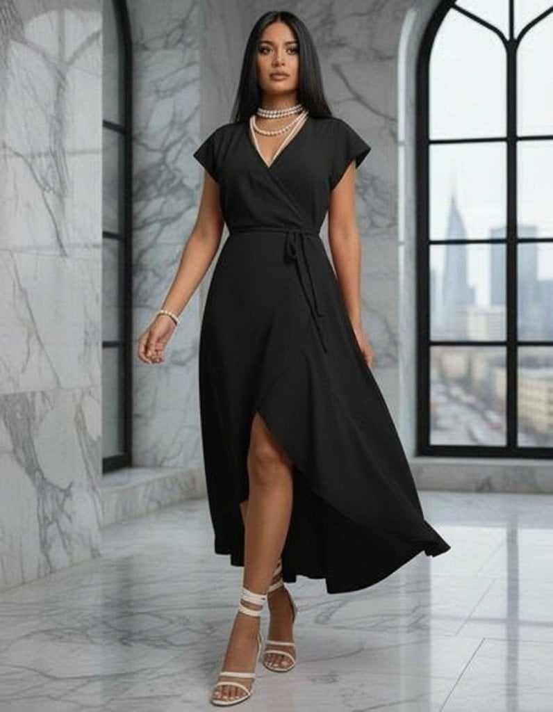 Women's Black Short-Sleeve Wrap Dress with Tie Waist - Janes - by Peralane - photo 4