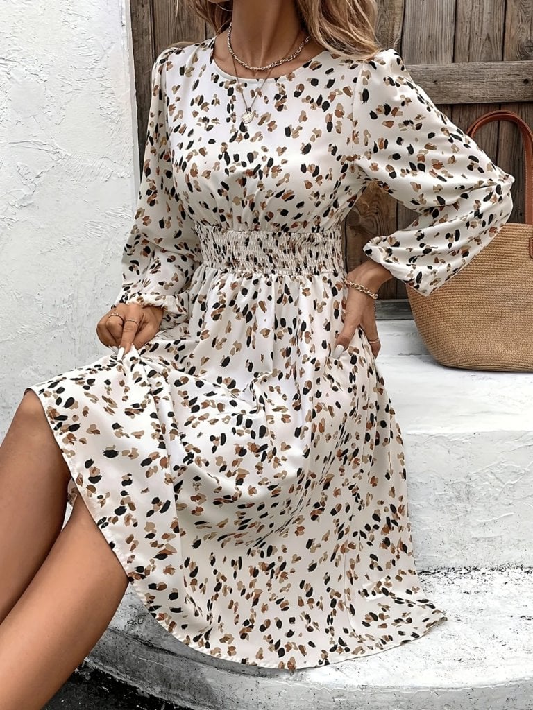 Women's Long-Sleeved Round Neck Smocked Waist Midi Suprem Dress - Janes - by Peralane