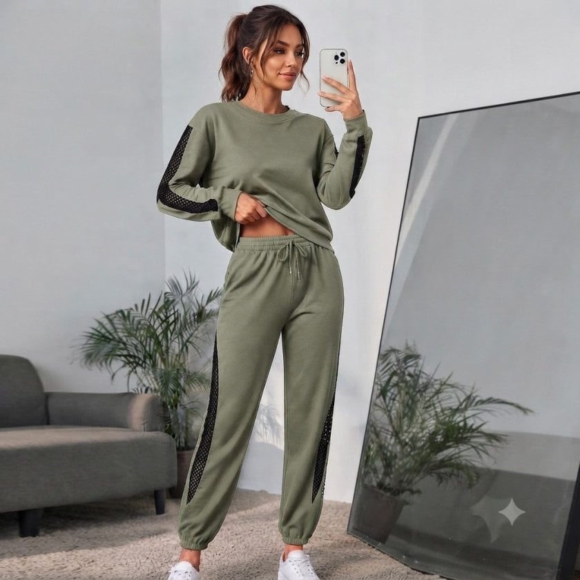 Women's Long Sleeve Crew Neck Top and Trousers Two-Piece Set with Mesh Tulle Detail - Janes - by Peralane - photo 2