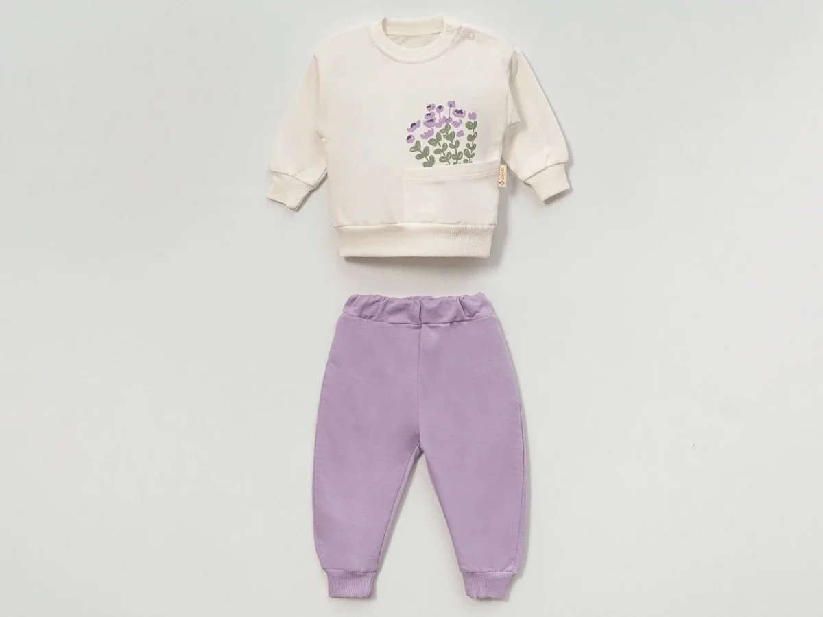 Floral Embroidered Pocket Baby Girls' Two-Piece Set - Cream and Light Purple - Vovido - by Peralane