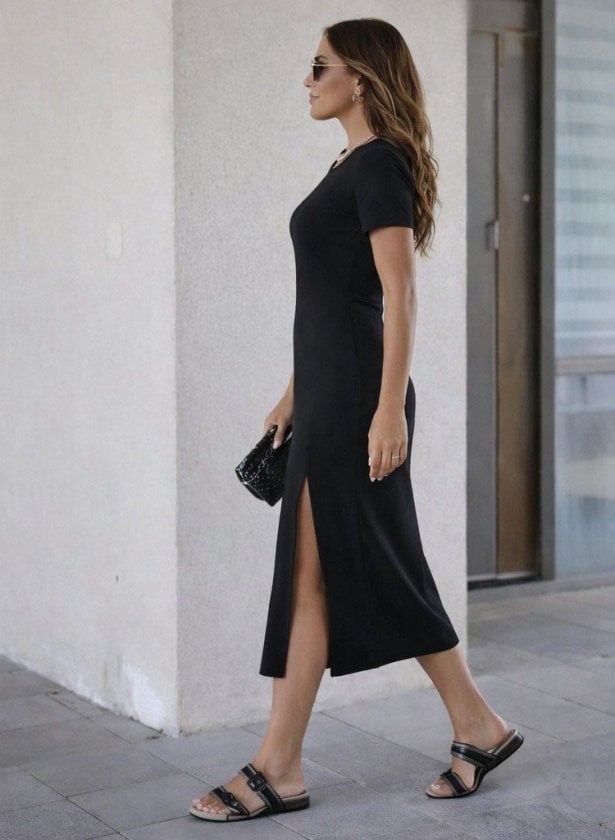 Women's Black Short-Sleeved Round Neck Side-Slit Midi Viscose Dress - Janes - by Peralane - photo 2