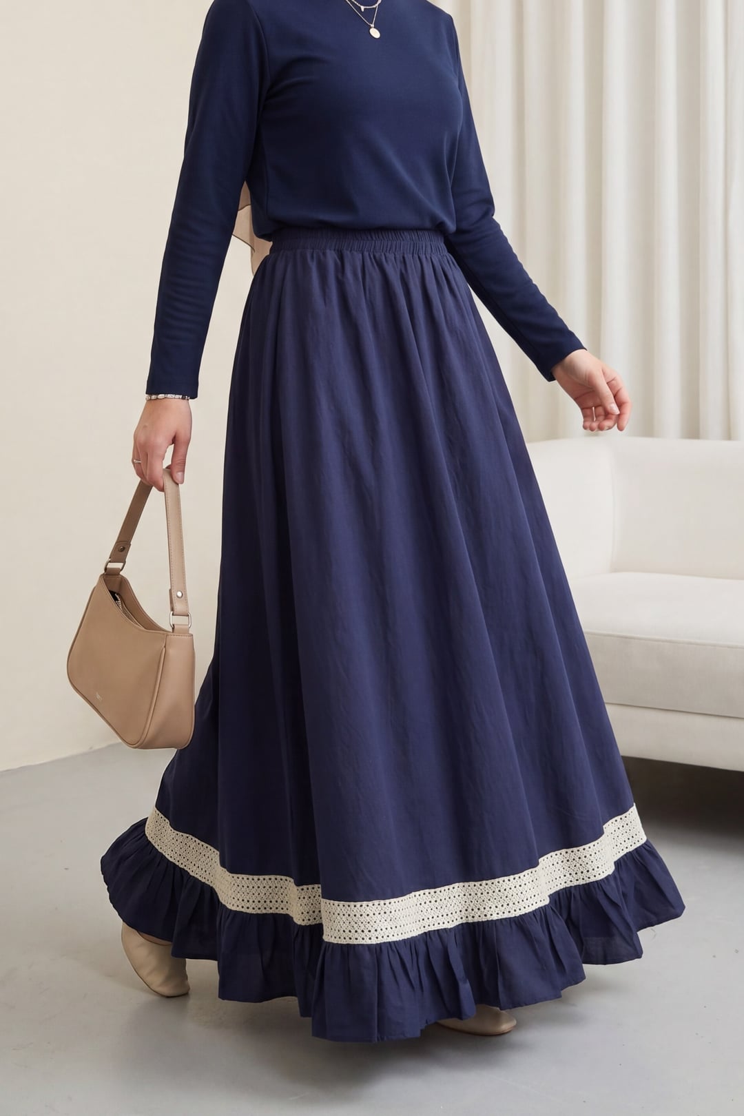 Elasticated Waist Voile Skirt with Lace and Ruffle Detail - Navy Blue - Podyumplus - by Peralane - photo 2