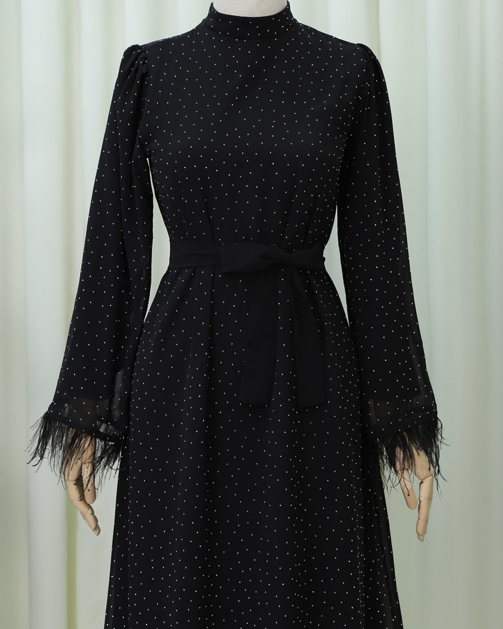Feather Trim Sleeve Polka Dot Belted Dress - Black - Podyumplus - by Peralane - photo 4