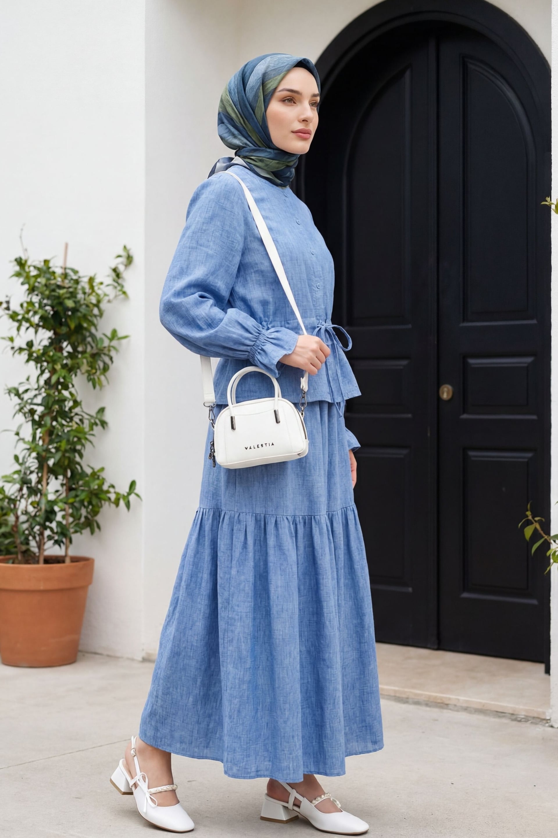 Blue Linen-Look Button-Front Drawstring Co-ord Set - Podyumplus - by Peralane - photo 3