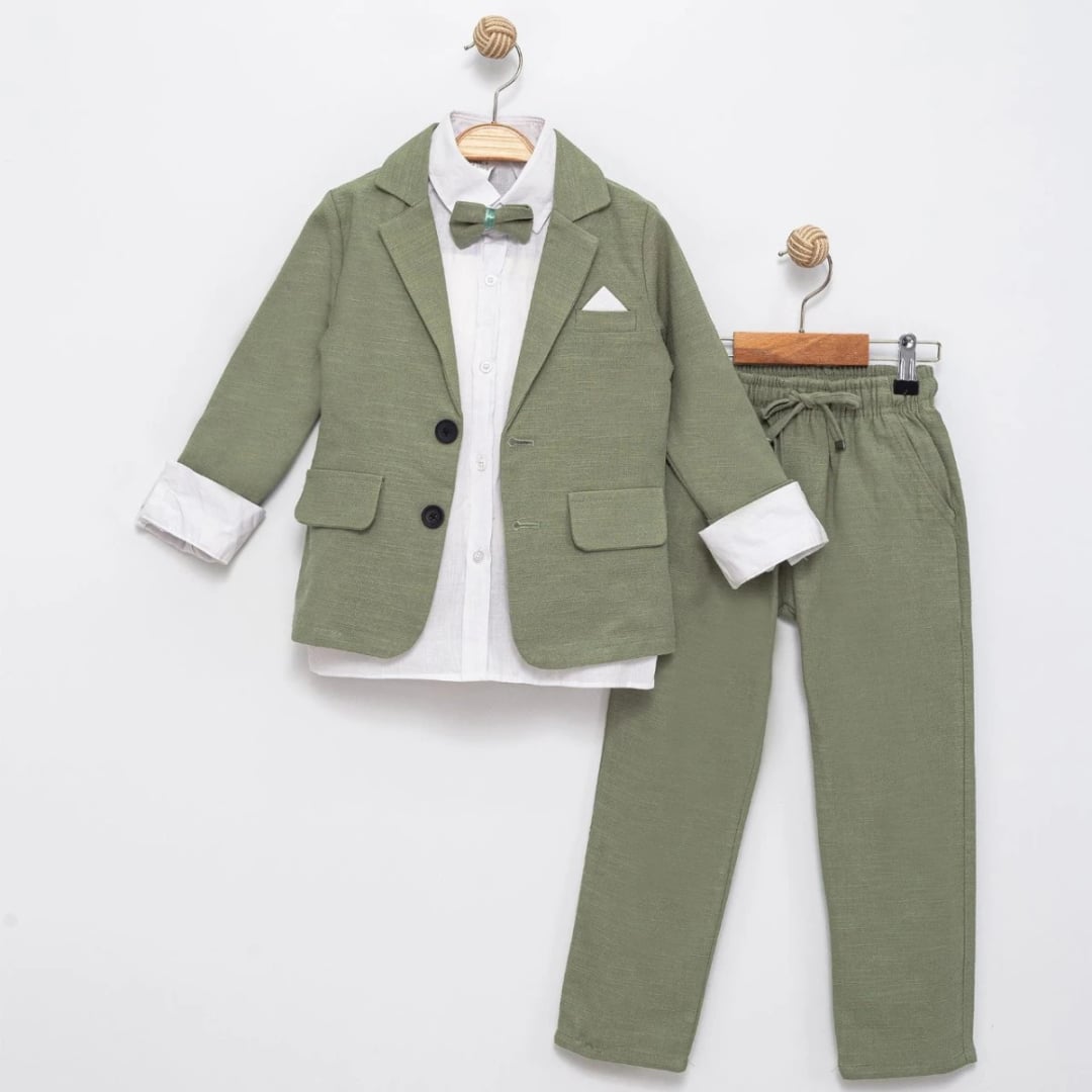 Linen Fabric Oversized Set with Jacket - Olive Green Boy's Suit - Terry - by Peralane
