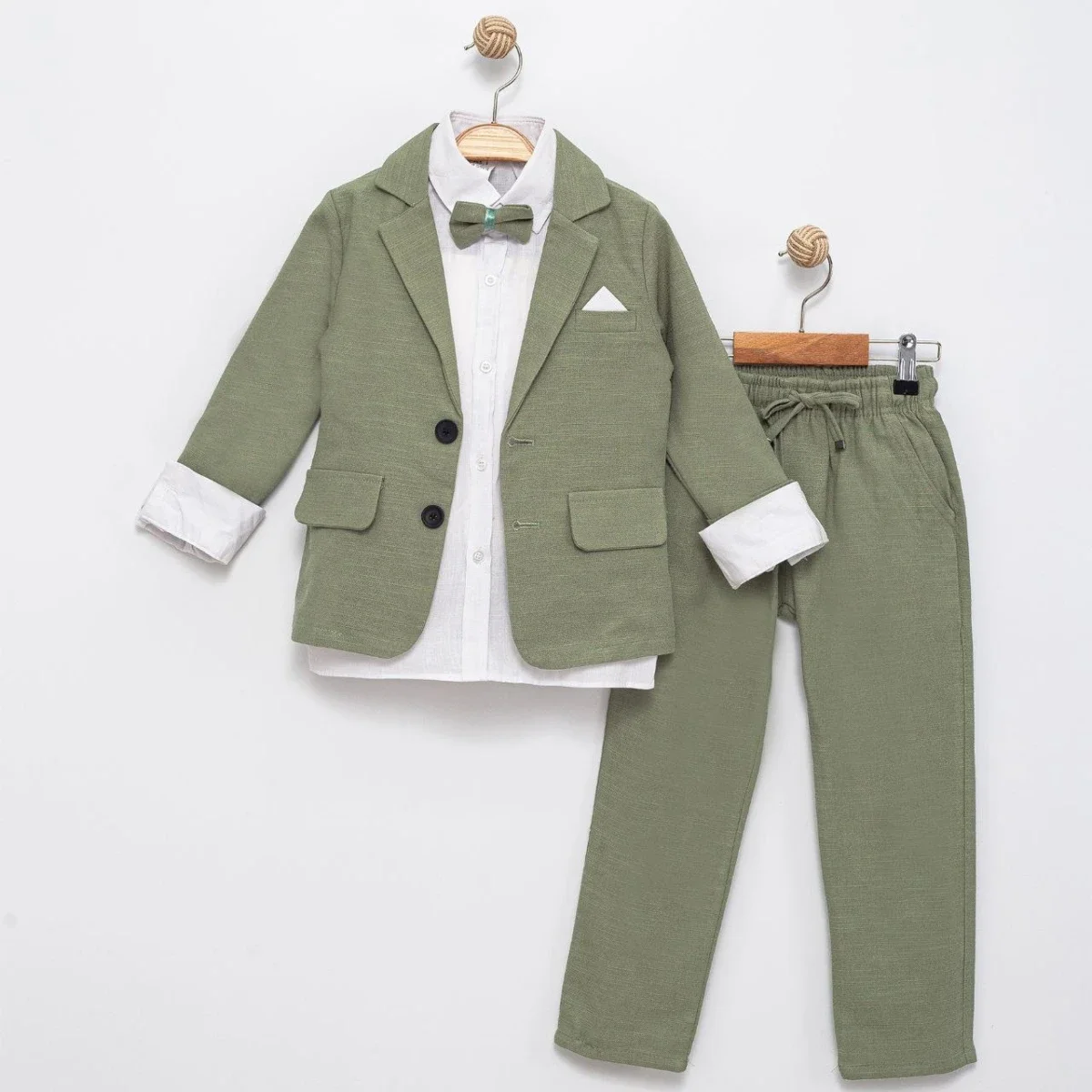 Linen Fabric Oversized Set with Jacket - Olive Green Boy's Suit - Terry - by Peralane