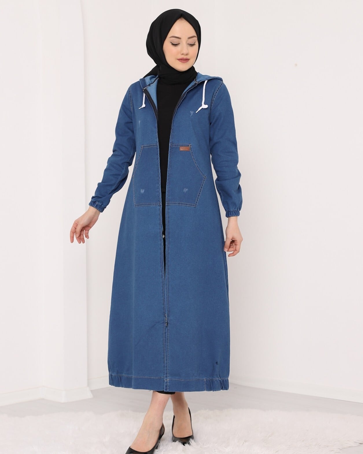 Blue Zip-Front Hooded Denim Trench Coat - Podyumplus - by Peralane - photo 3