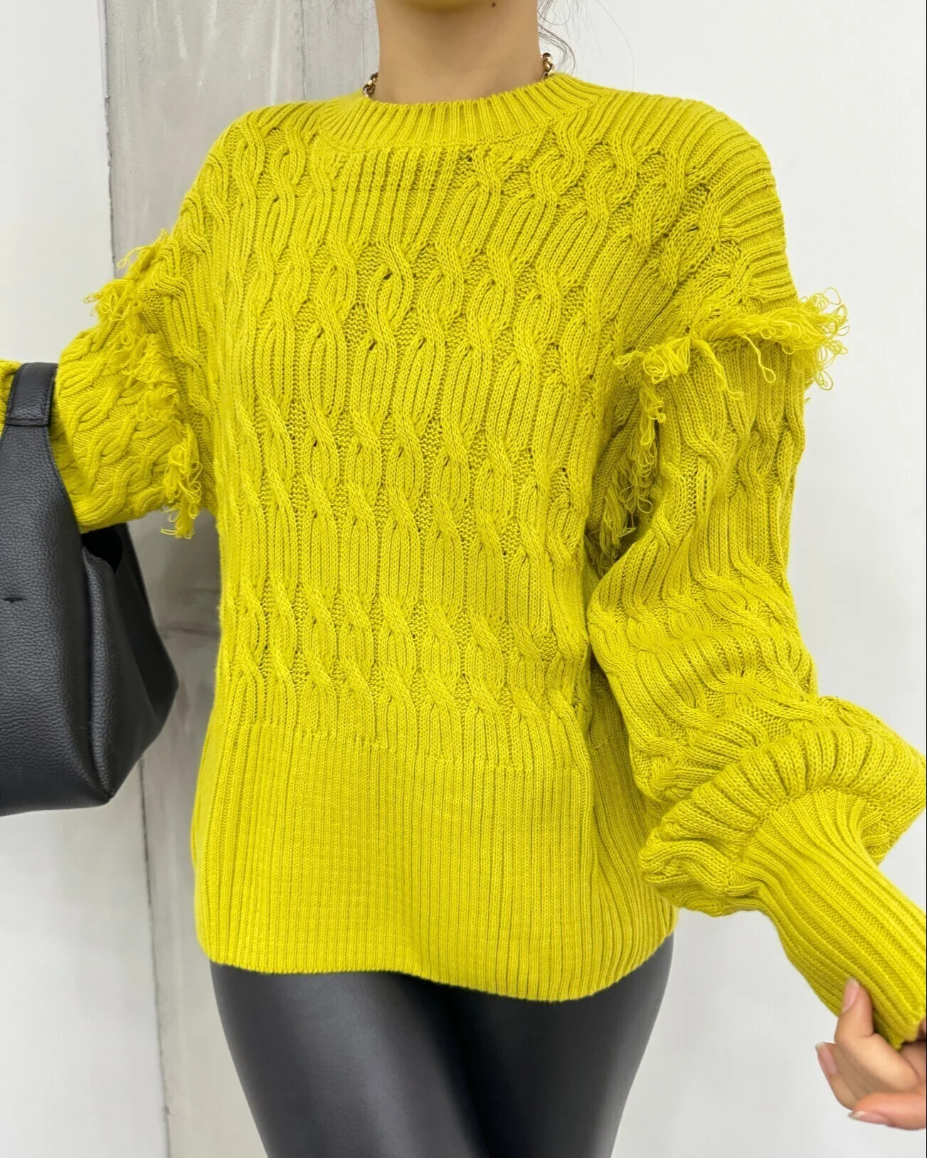 Balloon Sleeve Fringed Knit Sweater - Oil Green - Podyumplus - by Peralane - photo 3