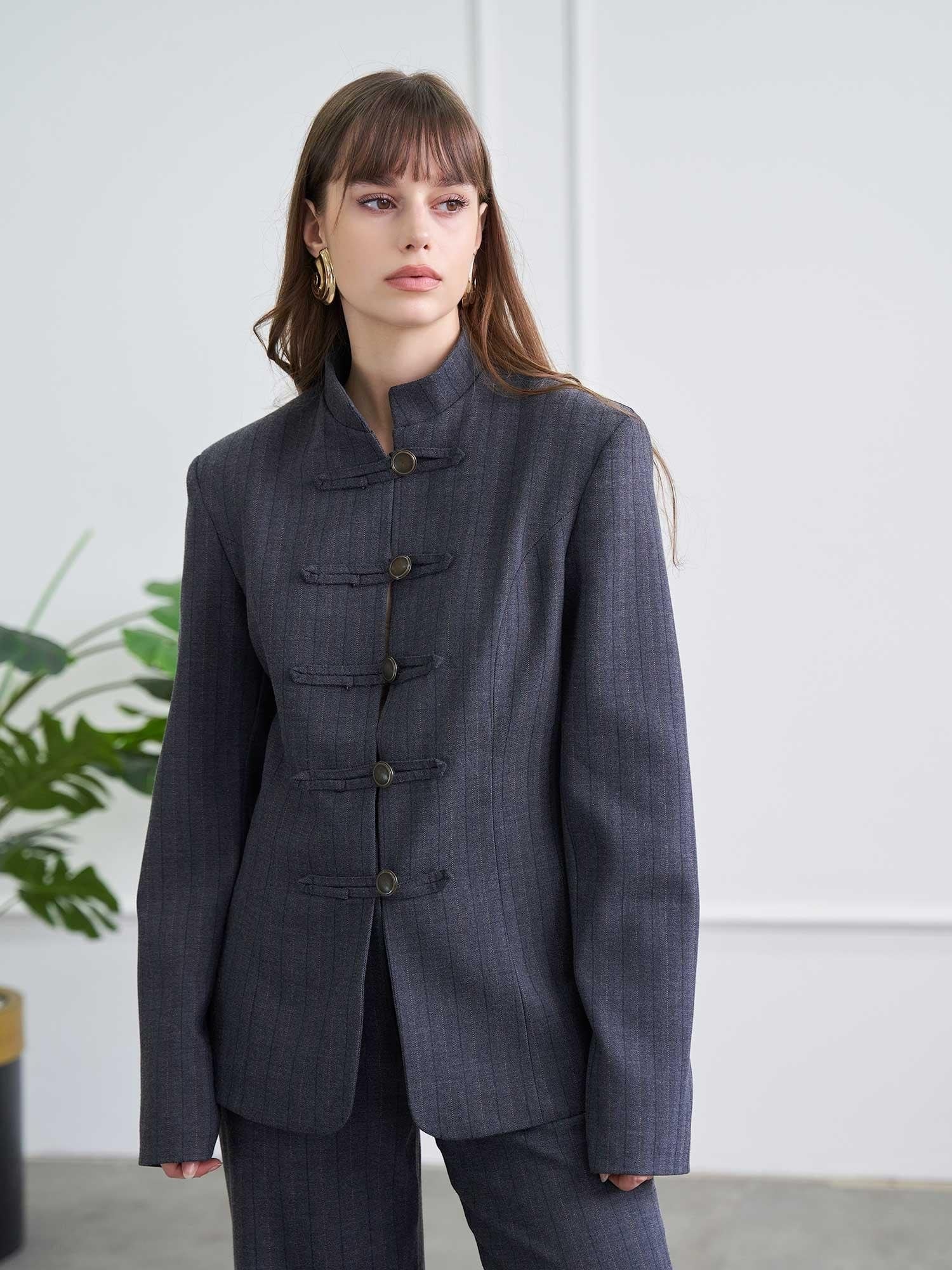 Women's Mandarin Collar Pinstripe Jacket and Wide-Leg Trousers Co-ord Set - Lefon - by Peralane - photo 2