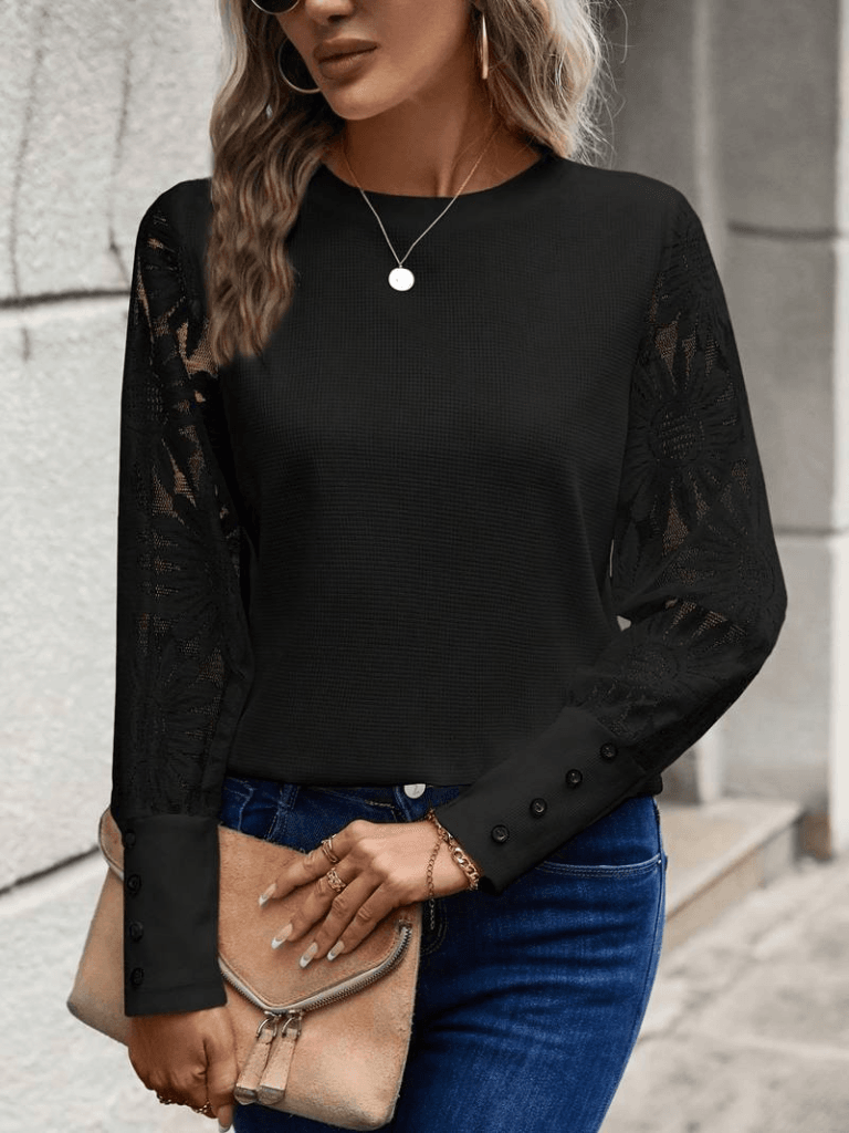 Women's Black Long Sleeve Crew Neck Waffle Blouse with Floral Lace Sleeves - Janes - by Peralane - photo 12