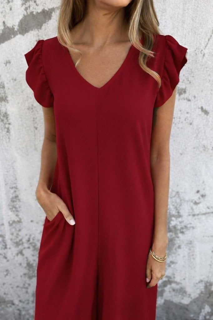 Women's Short Sleeve V-Neck Deep Lace-Up Back Long Aerobin Jumpsuit - Janes - by Peralane