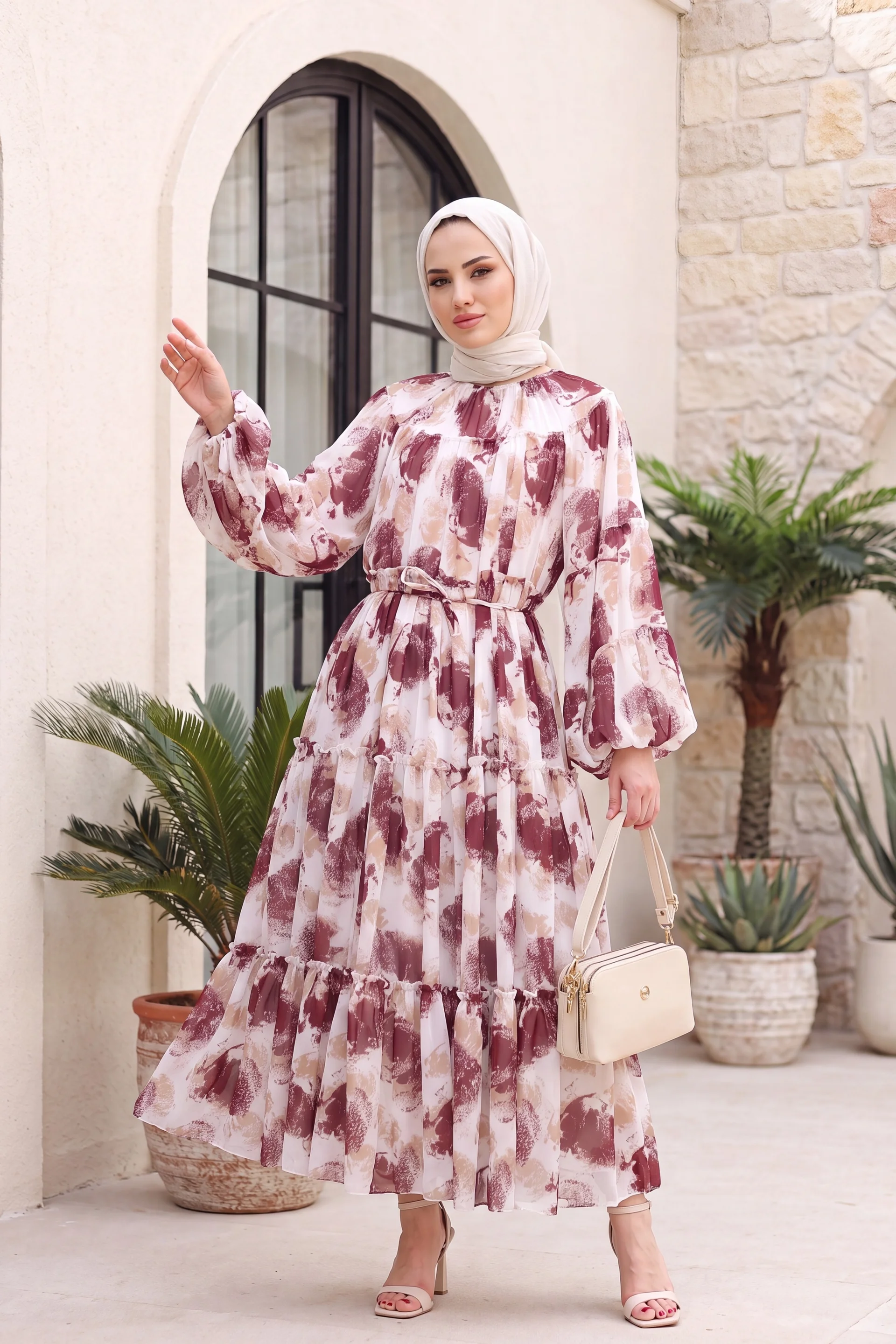 Patterned Lace-Up Lined Paneled Chiffon Dress - Plum - Podyumplus - by Peralane - photo 4