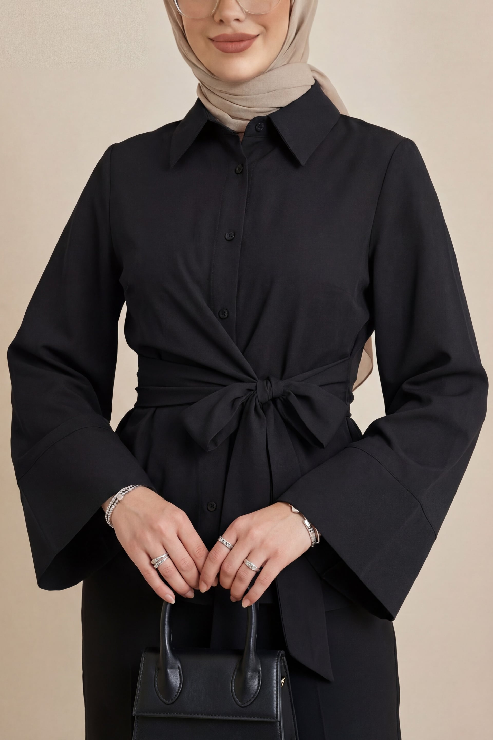 Black Tie-Waist Spanish Sleeve Poplin Blouse - Podyumplus - by Peralane - photo 4