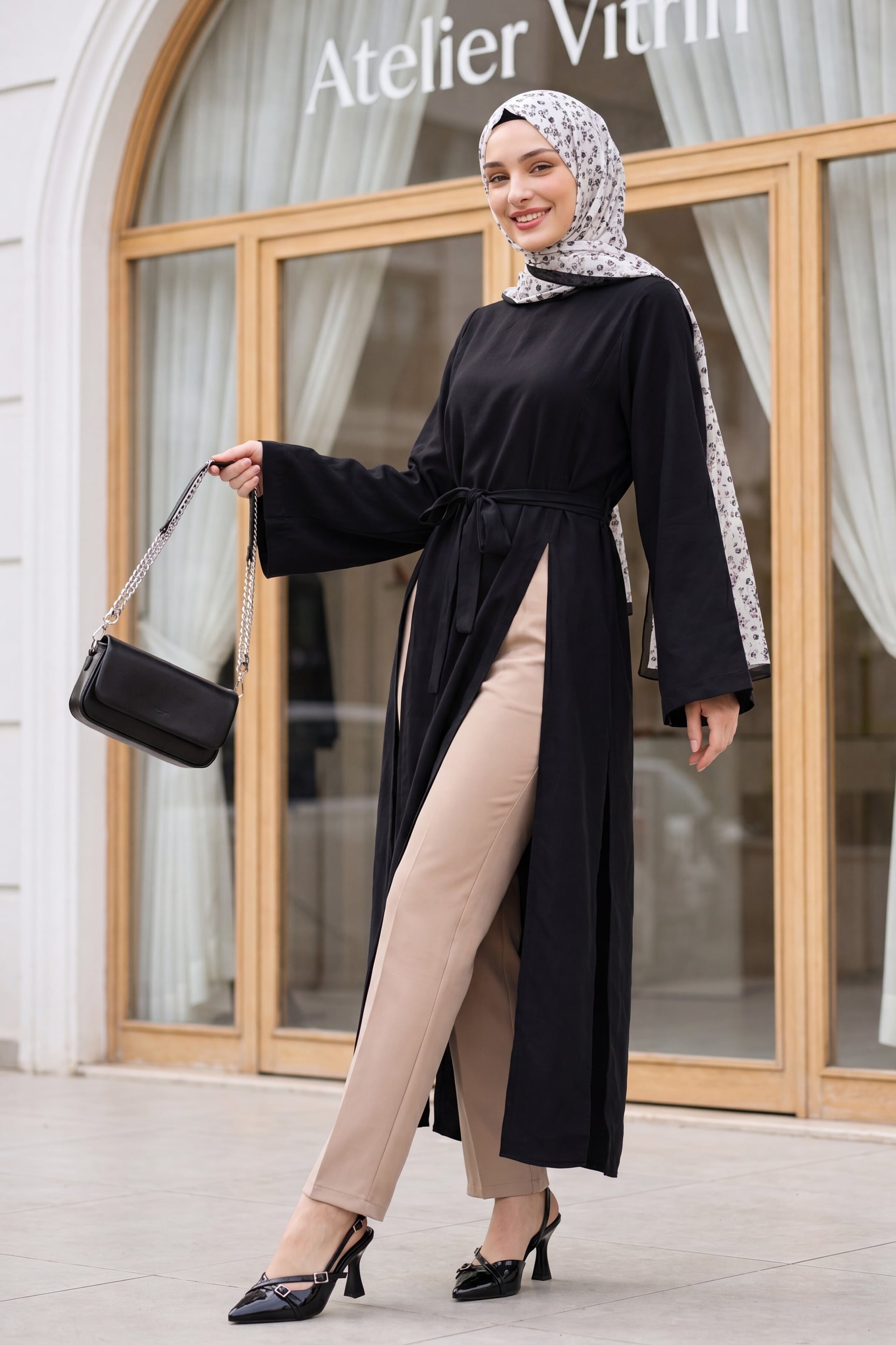 Hakim Collar Deep Slit Belted Long Modal Tunic - Black - Podyumplus - by Peralane - photo 5