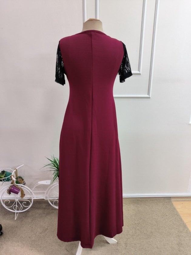 Women's Short Sleeve V-Neck Floor-Length Crepe Dress in Burgundy - Janes - by Peralane - photo 6