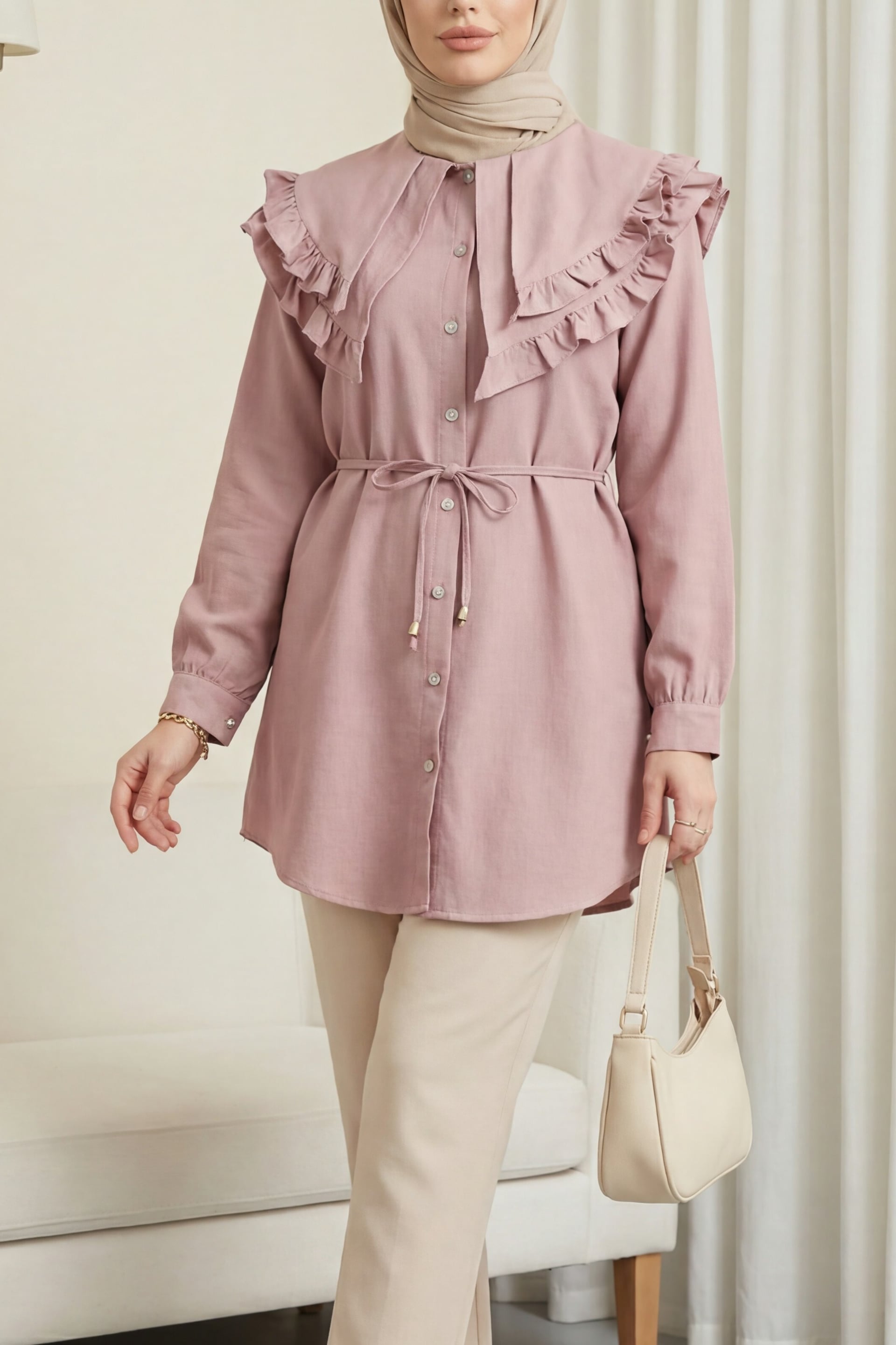 Double-Layer Ruffled Collar Buttoned Tie-Waist Linen Look Tunic - Powder - Podyumplus - by Peralane - photo 4
