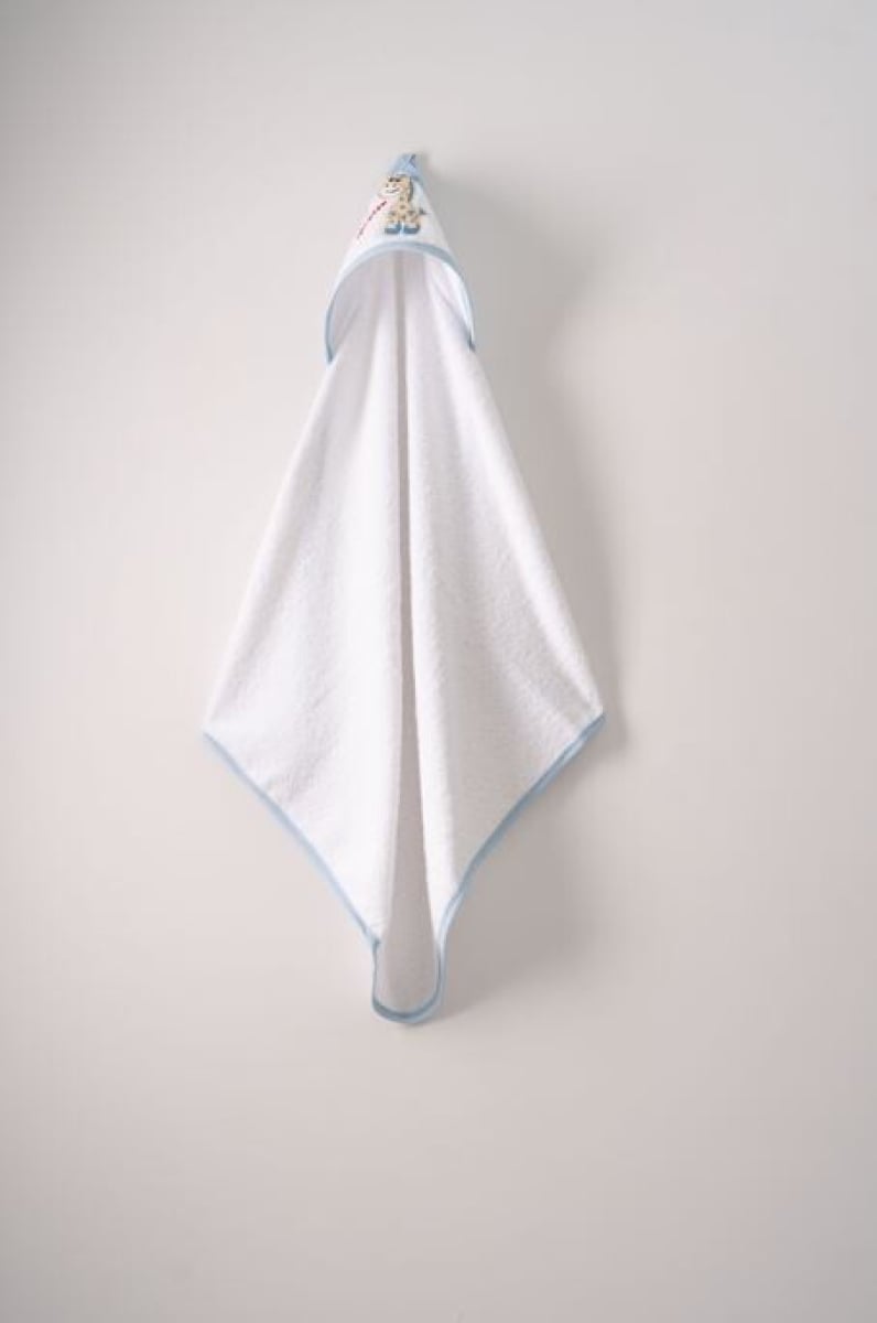 Baby Hooded Bath Towel 75x80 cm with Giraffe Appliqué - Blue Trim - Ramel Kids - by Peralane