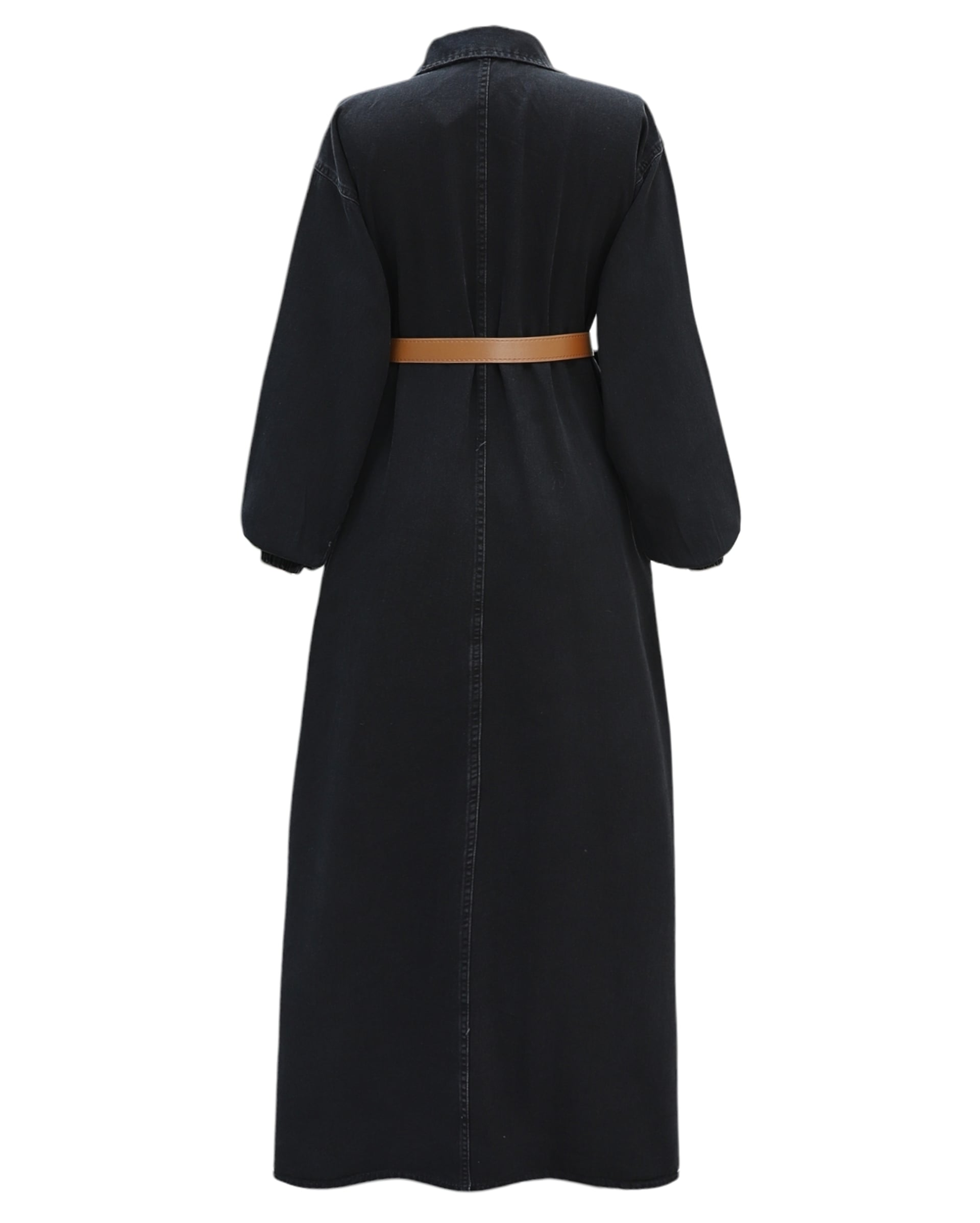 Half Button Long Sleeve Belted Denim Dress - Black - Podyumplus - by Peralane - photo 6