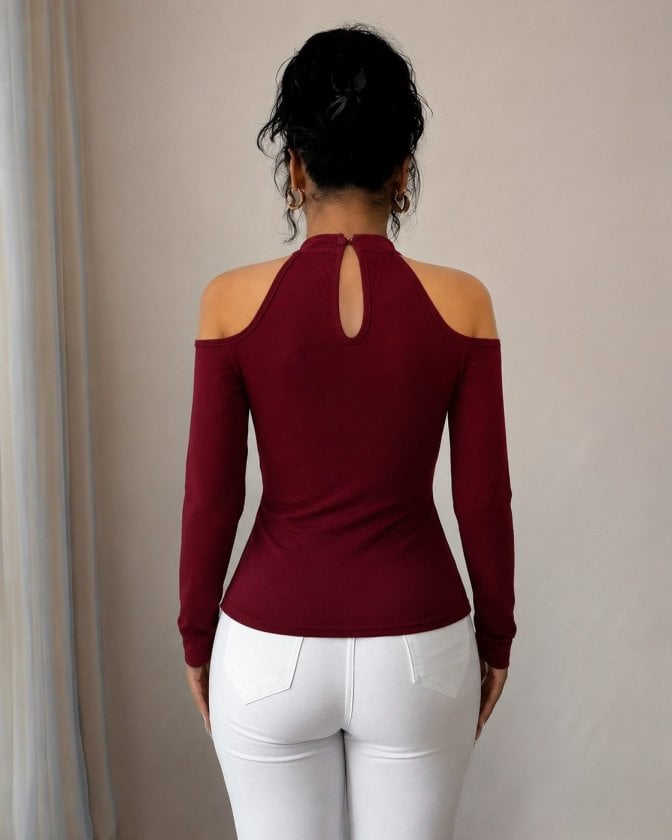 Women's Long-Sleeve Cold-Shoulder High-Neck Blouse with V-Neck and Draped Hem, Deep Red - Janes - by Peralane - photo 3