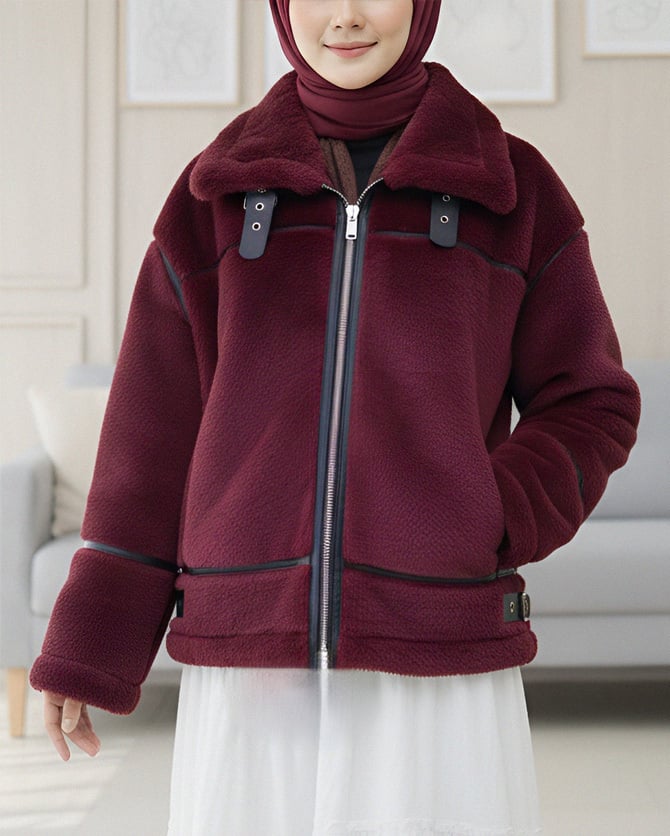Women's Reversible Detail Plush Laminated Leather Detailing Coat - Burgundy - Podyumplus - by Peralane - photo 4