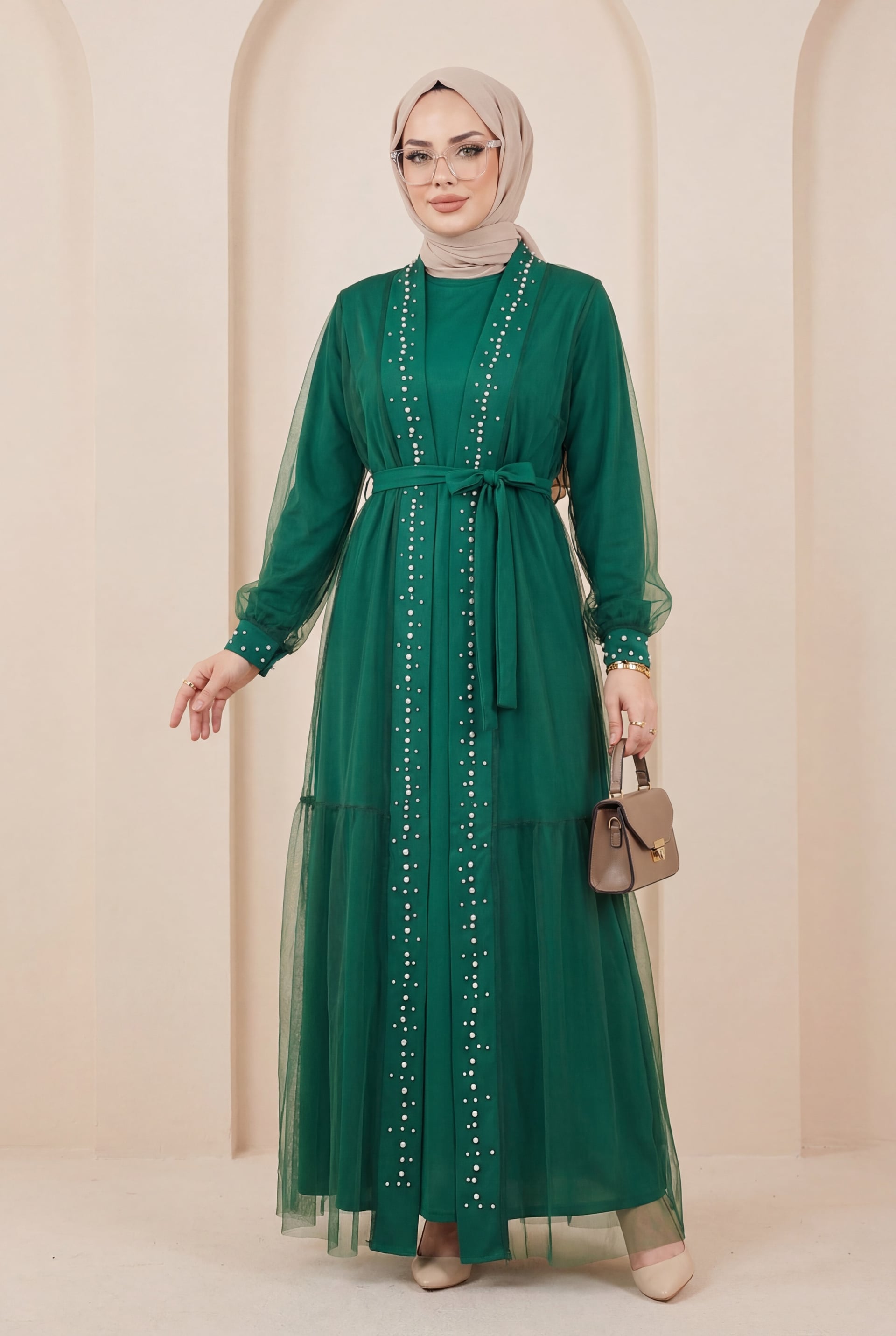 Emerald Green Pearl and Stone Embellished Two-Piece Abaya with Lace-Up Belt - Podyumplus - by Peralane - photo 2