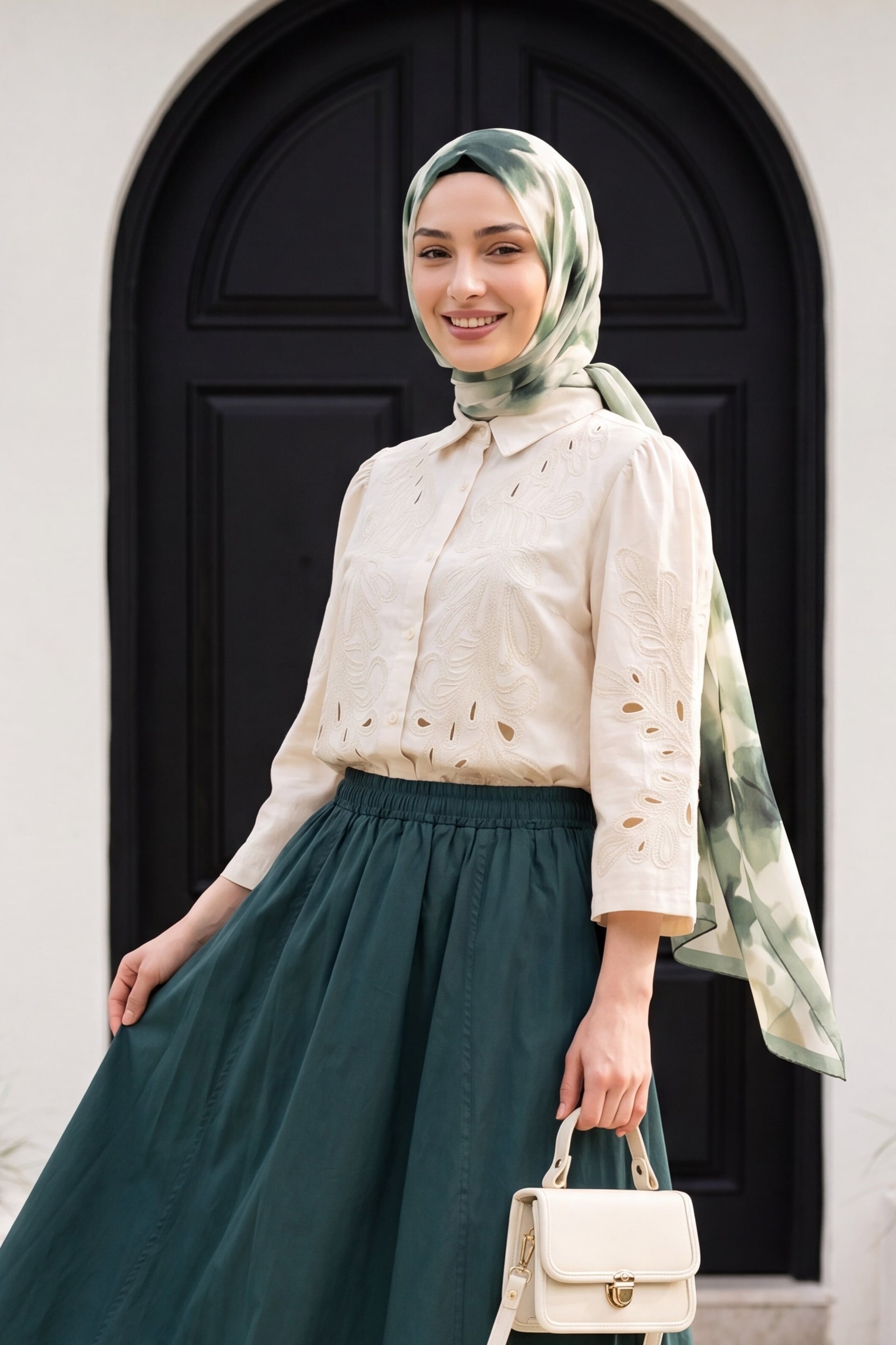 Cream Embroidered Wide-Sleeve Linen Look Blouse - Podyumplus - by Peralane - photo 3