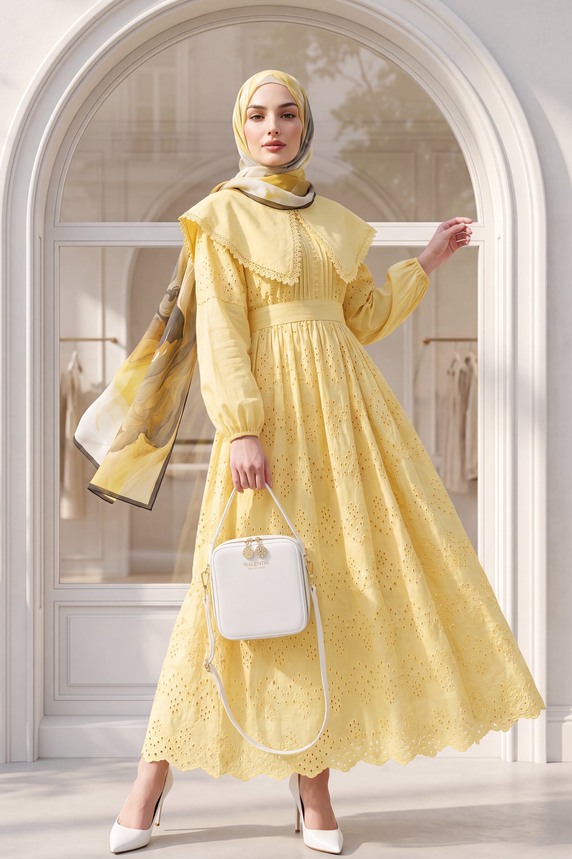 Cape Collar Lace Detail Dress - Yellow - Podyumplus - by Peralane - photo 5
