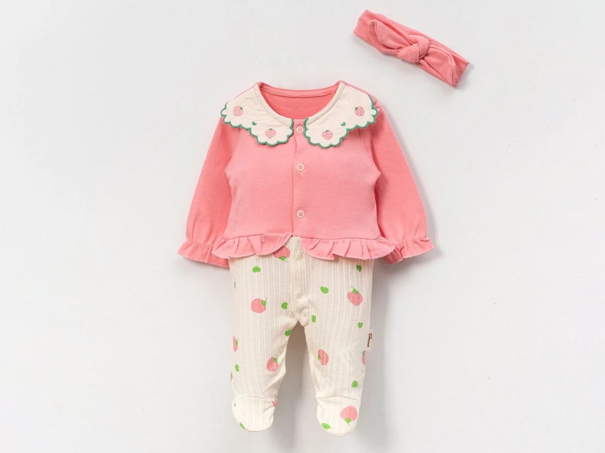 Girls' Strawberry Print Footed Romper Set with Top and Headband - Vovido - by Peralane