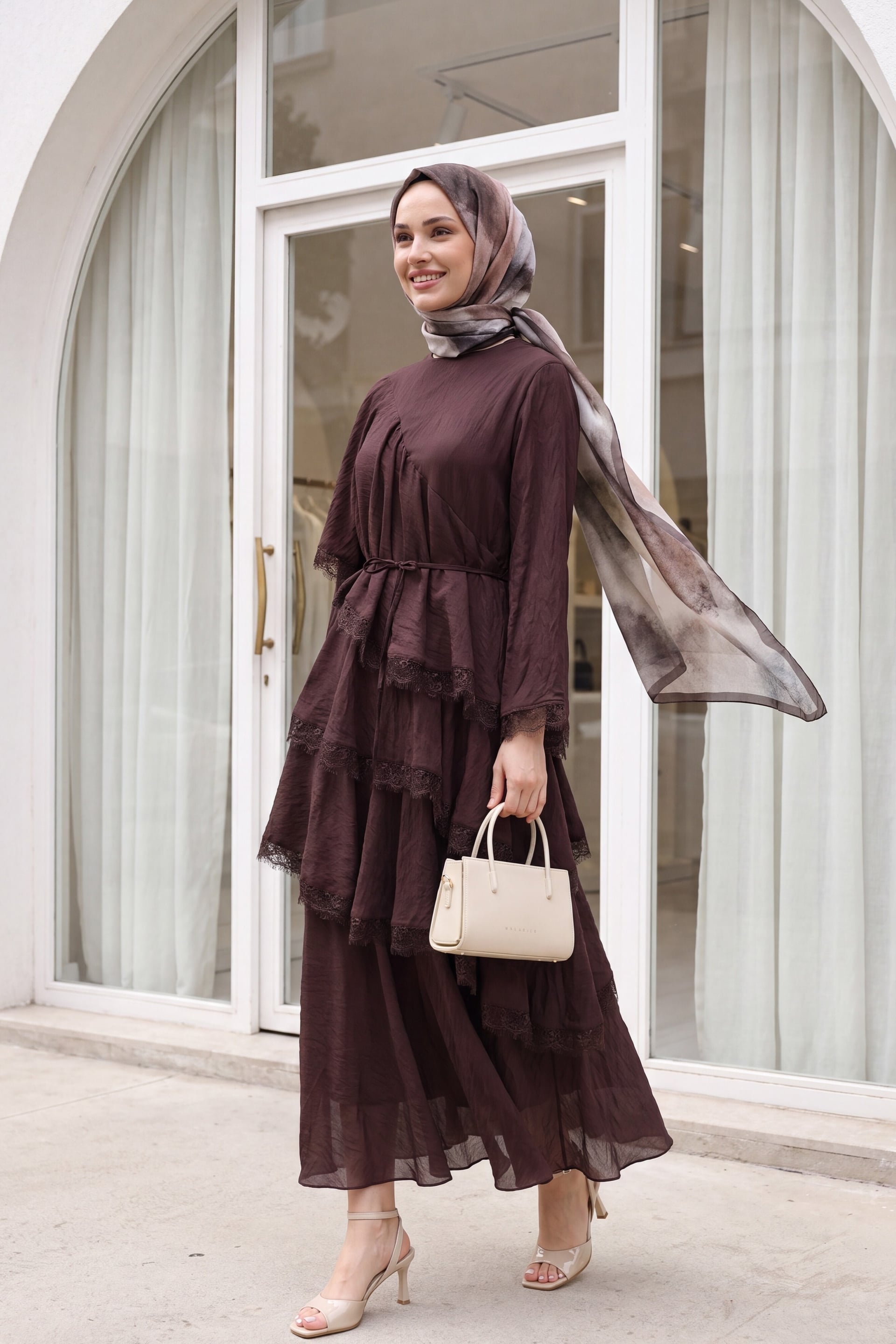 Lace Trim Tiered Belted Lined Tulle Modal Dress - Dark Brown - Podyumplus - by Peralane