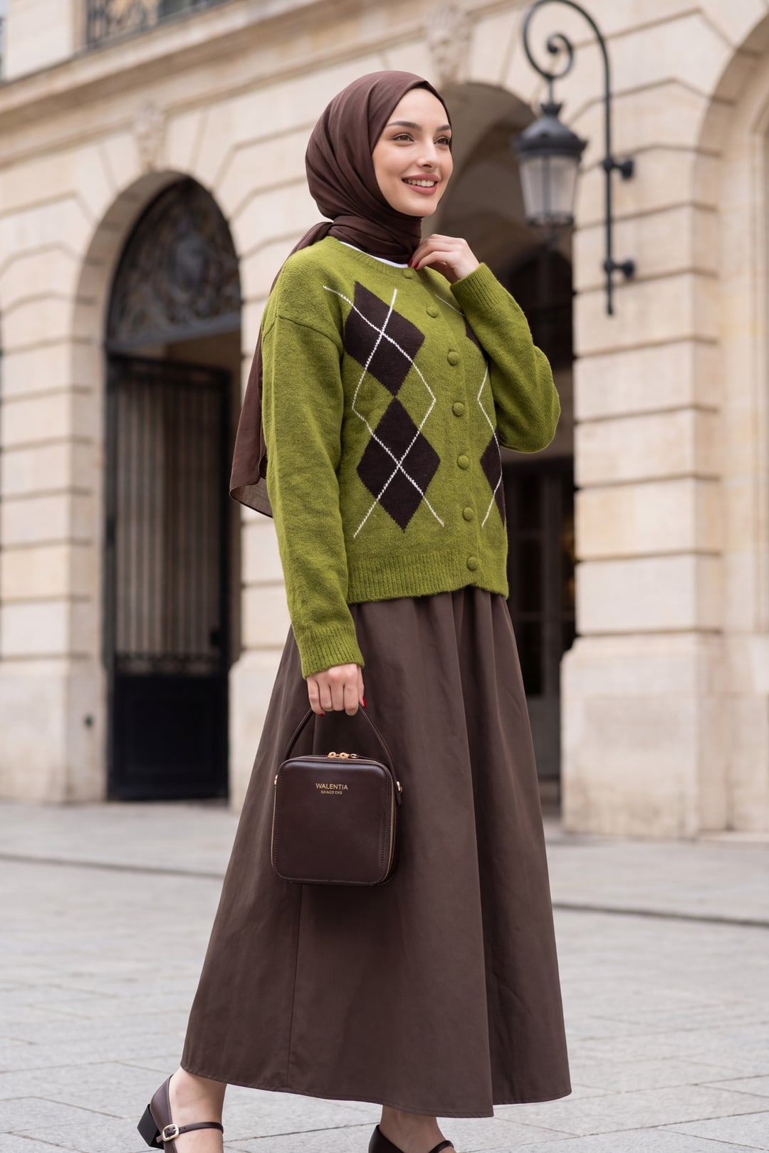 Round Neck Button-Front Argyle Pattern Soft Knit Cardigan - Moss Green - Podyumplus - by Peralane - photo 5