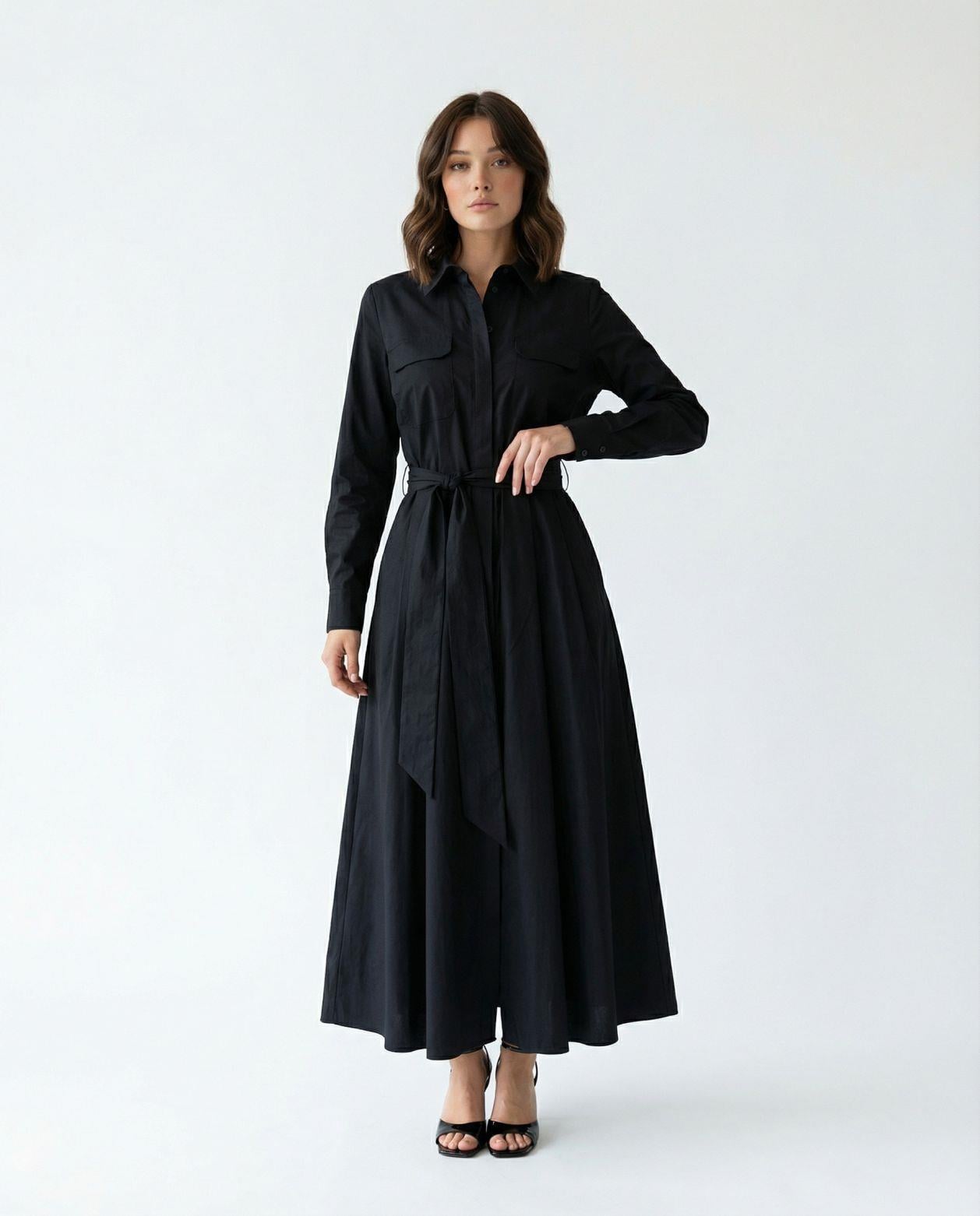 Black Long-Sleeved Collared Dress with Belt - Fame - by Peralane