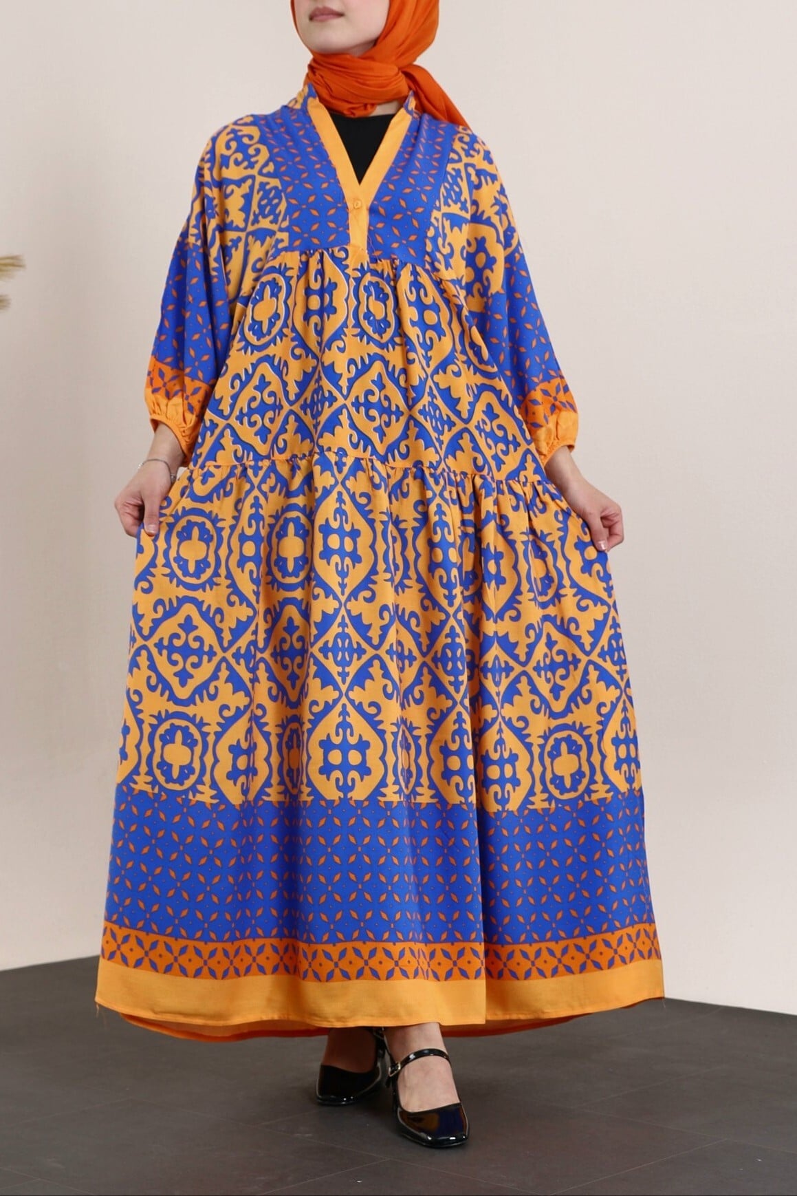 V-Neck Batwing Sleeve Patchwork Viscose Dress - Orange - Podyumplus - by Peralane - photo 2