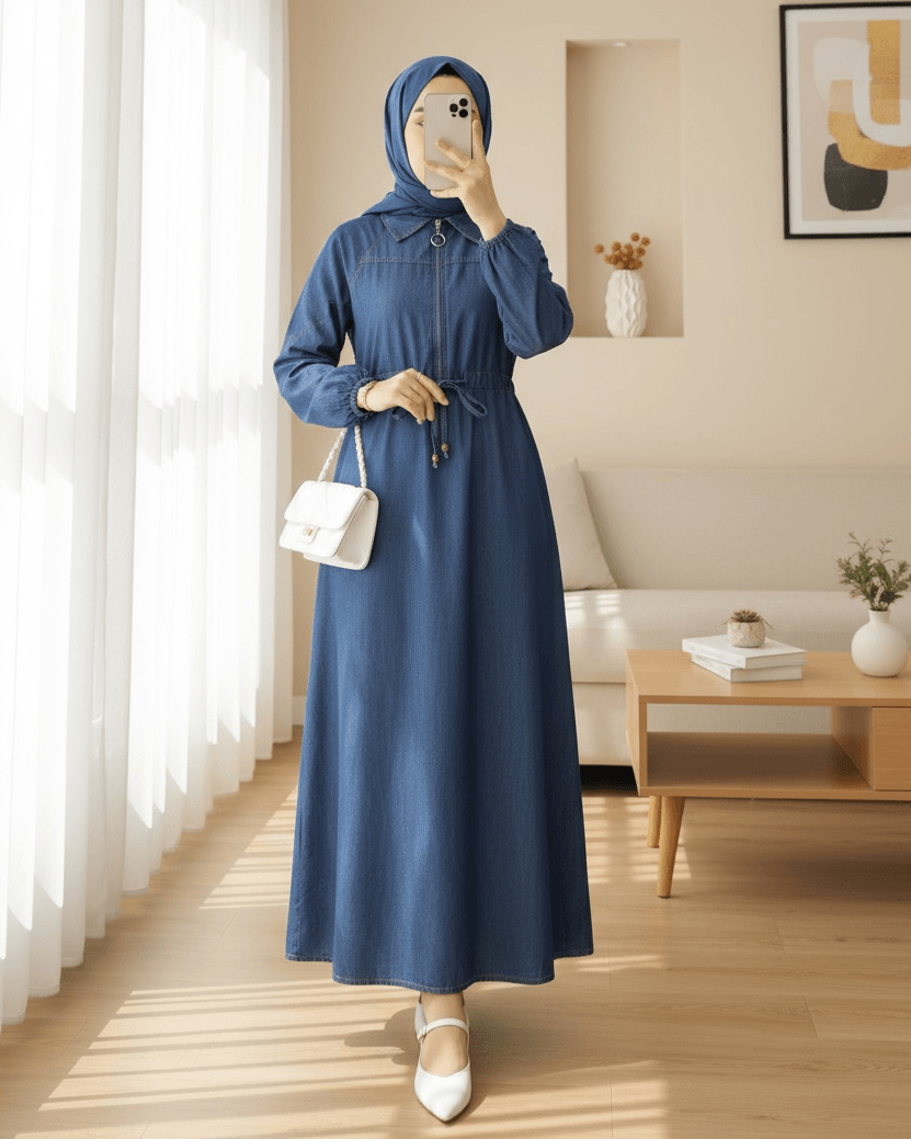 Half Zip Tunnel Drawstring Denim Dress - Indigo - Podyumplus - by Peralane
