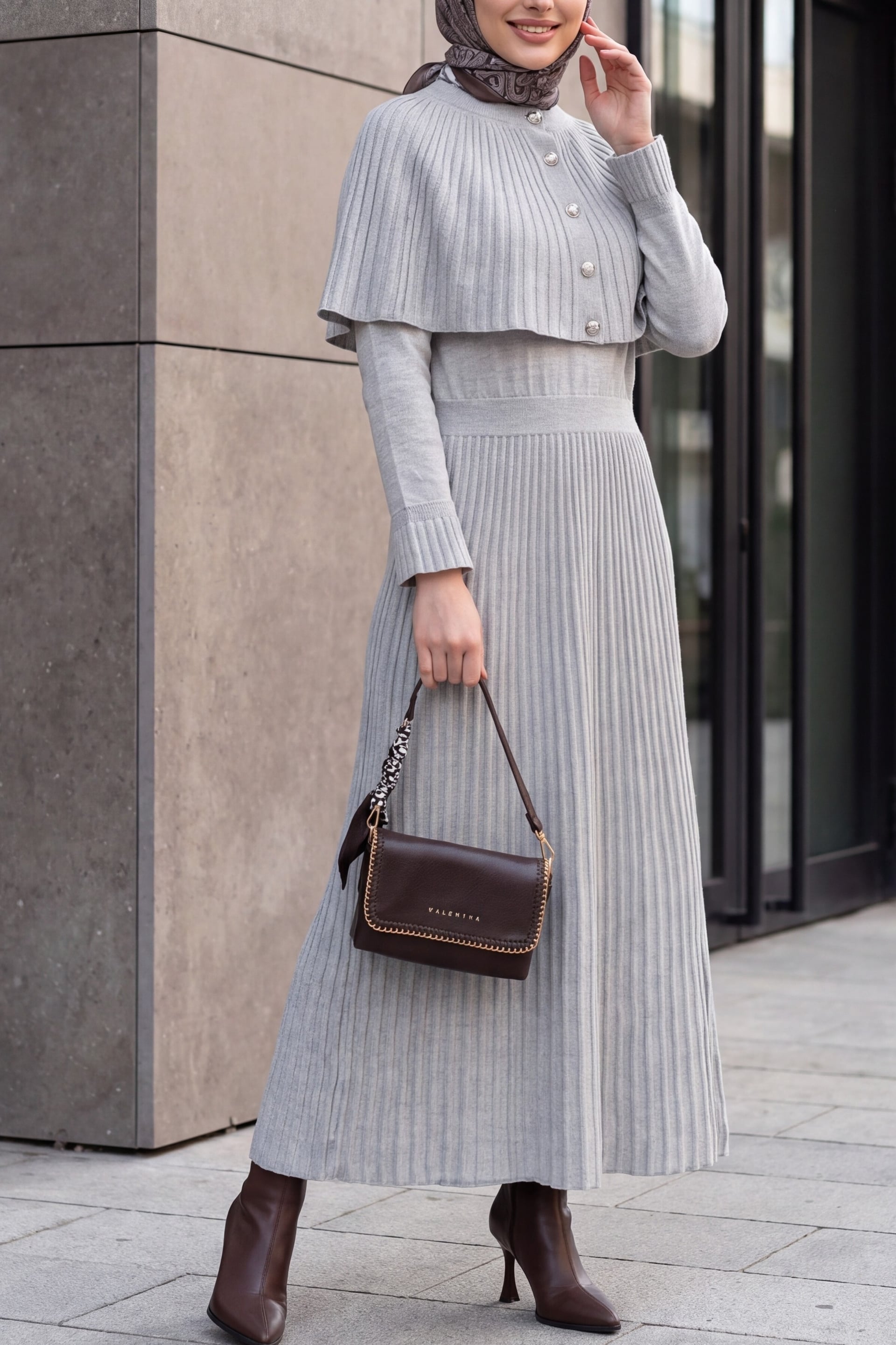 Ribbed Knit Long Dress with Capelet Detail - Stone - Podyumplus - by Peralane