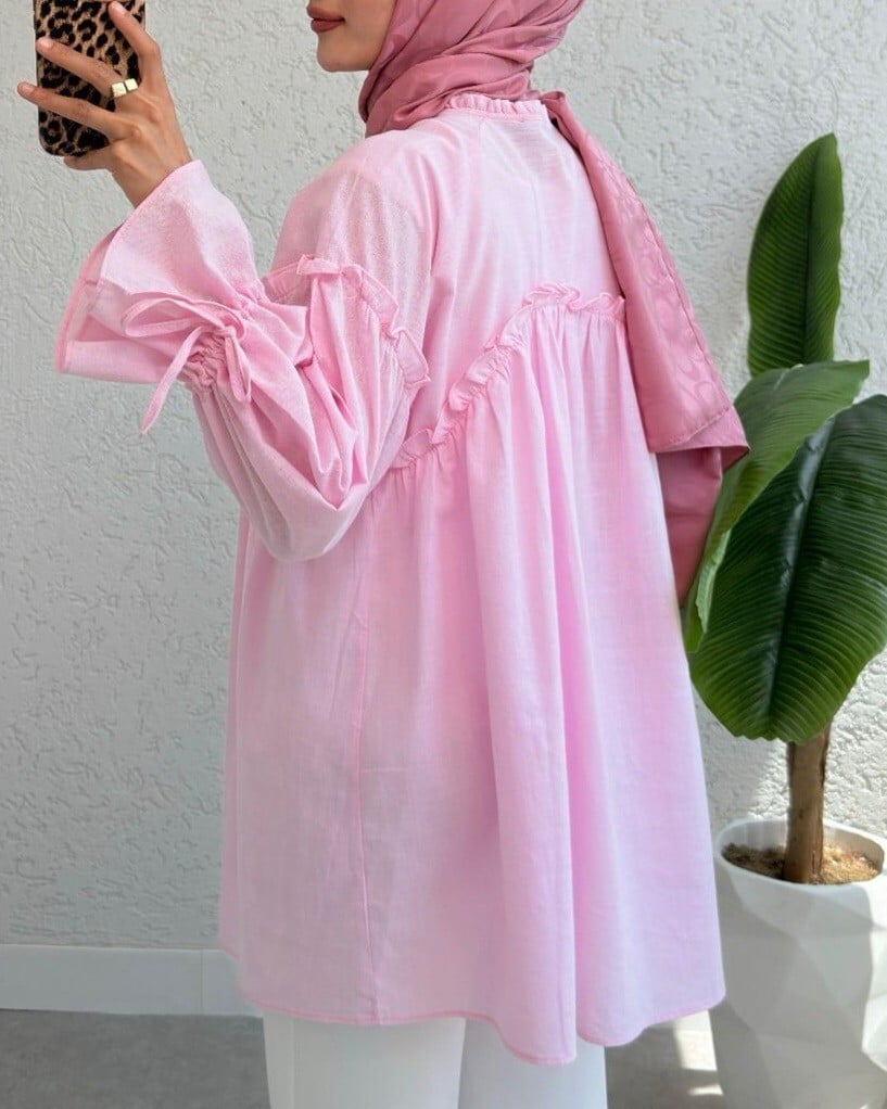 Pink Floral Applique Tie-Front Tunic with Lace Trim - Podyumplus - by Peralane - photo 4