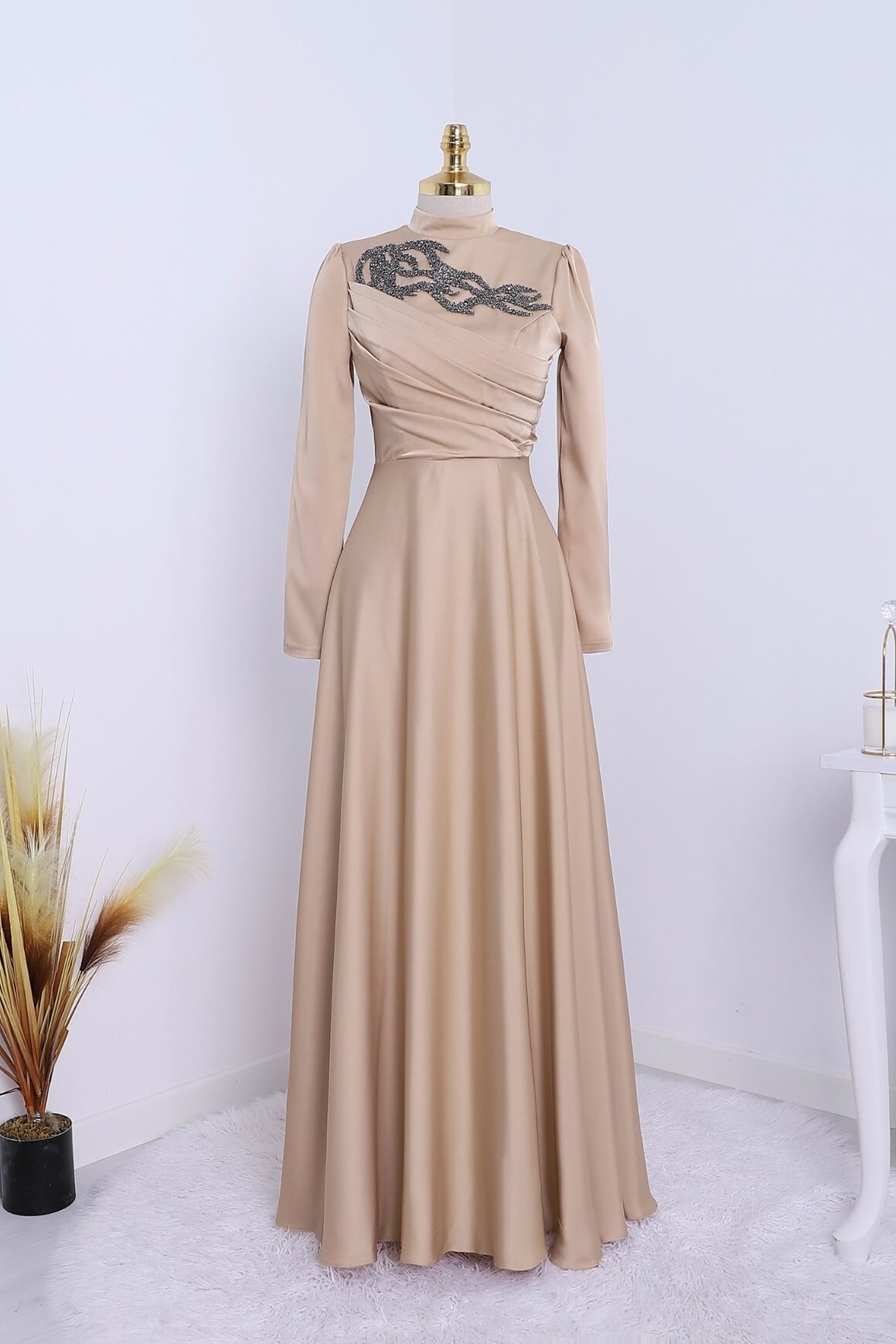 Beaded Draped Satin Evening Dress - Mink - Podyumplus - by Peralane - photo 2